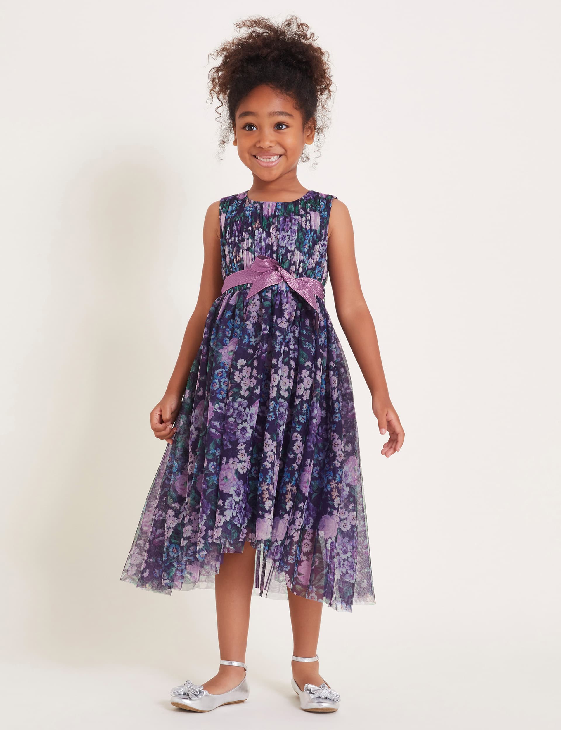 Monsoon Girls Sleeveless Floral Mesh Dress - 10y - Purple Mix, Purple Mix