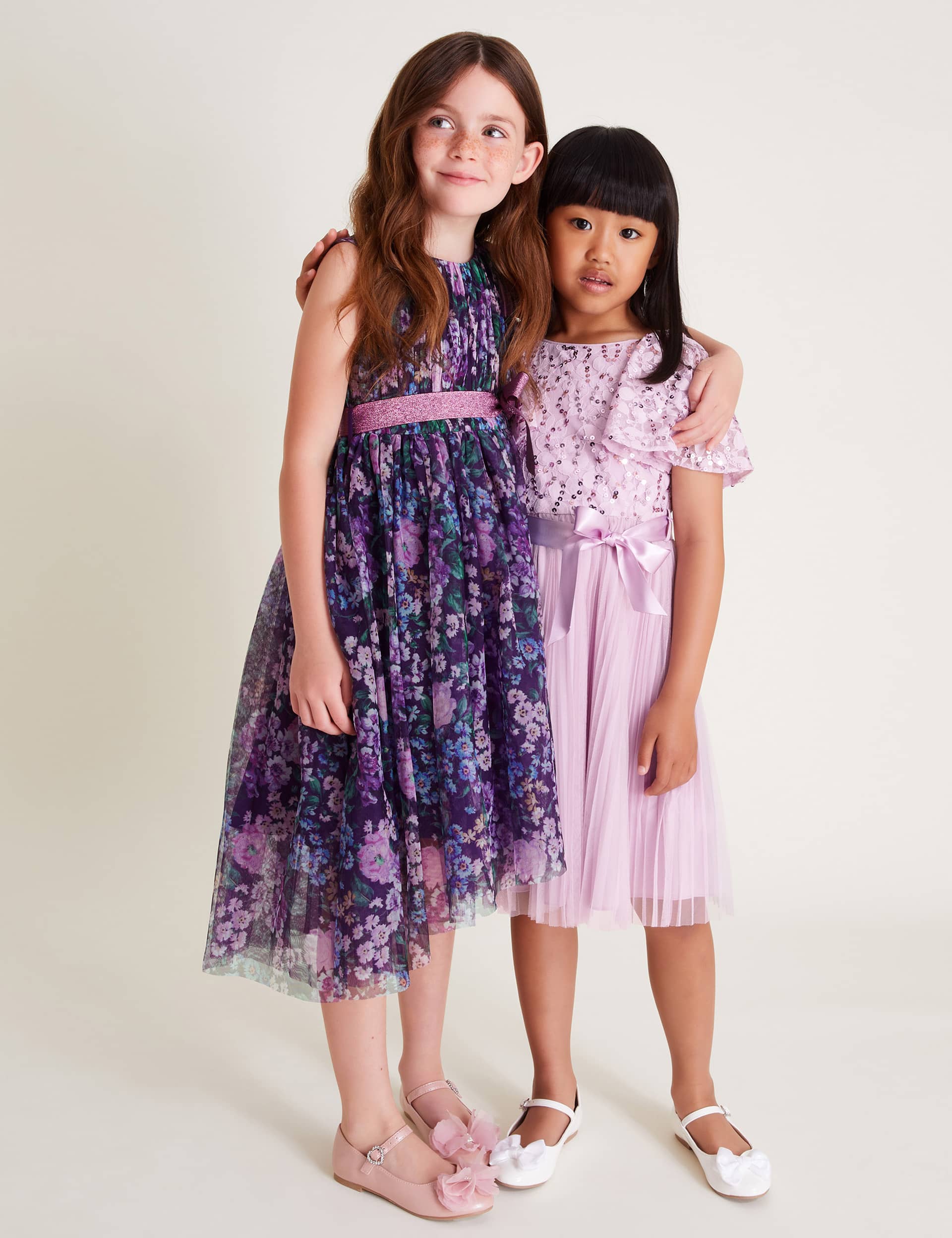 Monsoon Girls Sleeveless Floral Mesh Dress - 11y - Purple Mix, Purple Mix