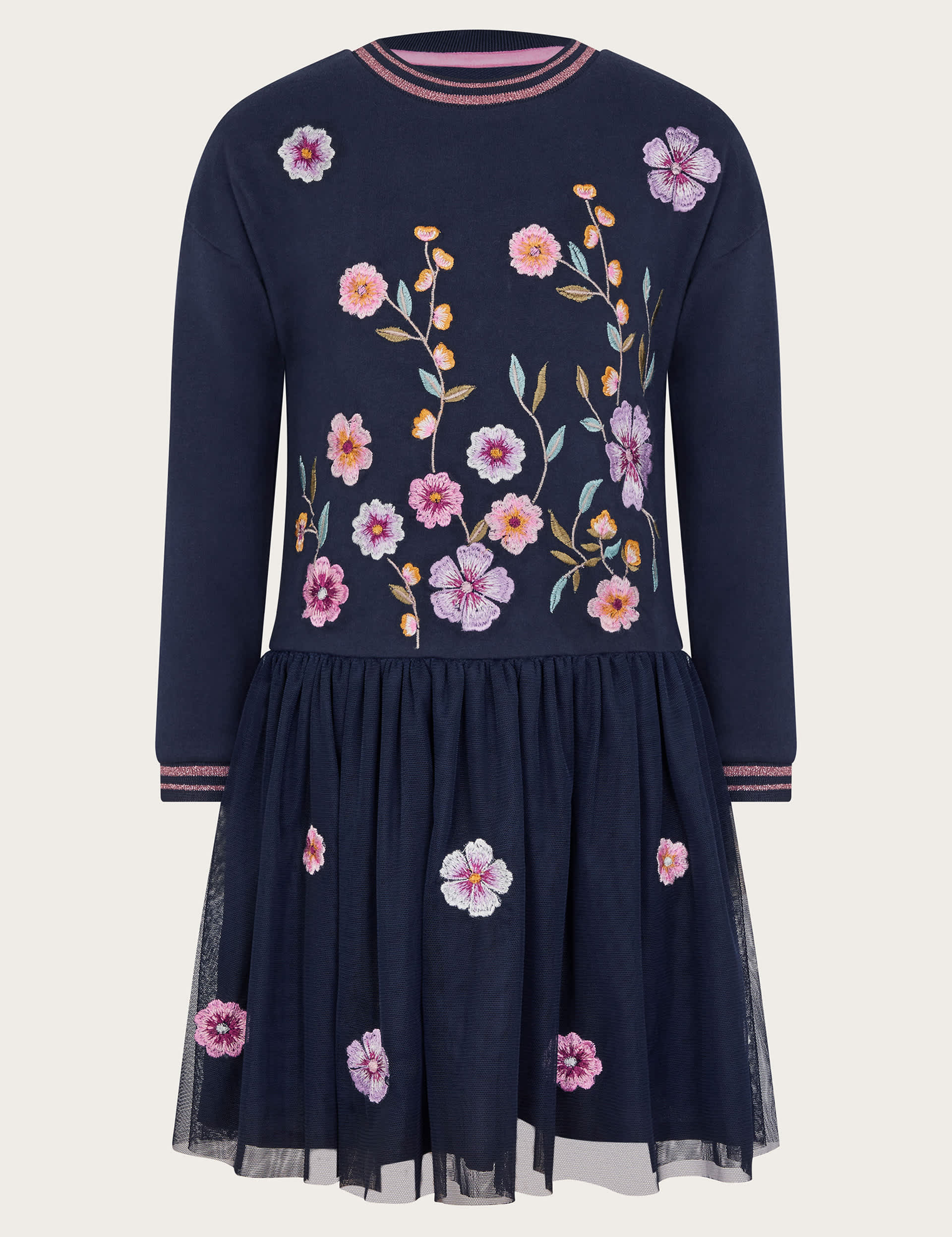 Monsoon Girls 2-in-1 Floral Embroidered Dress - 5-6 Y - Navy Mix, Navy Mix