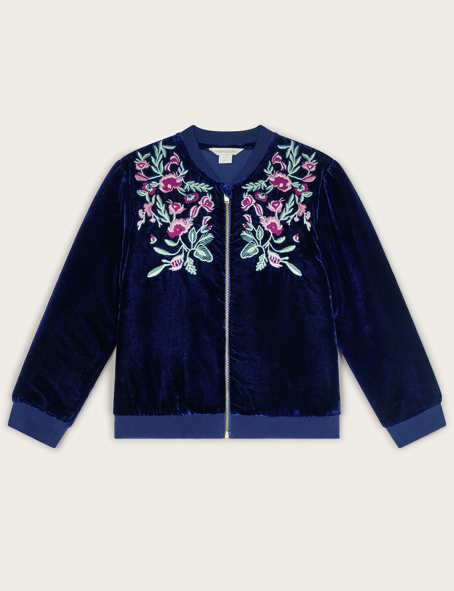 Monsoon Boys Embroidered Velvet Bomber Jacket (3-15 Yrs) - 7-8 Y - Navy, Navy