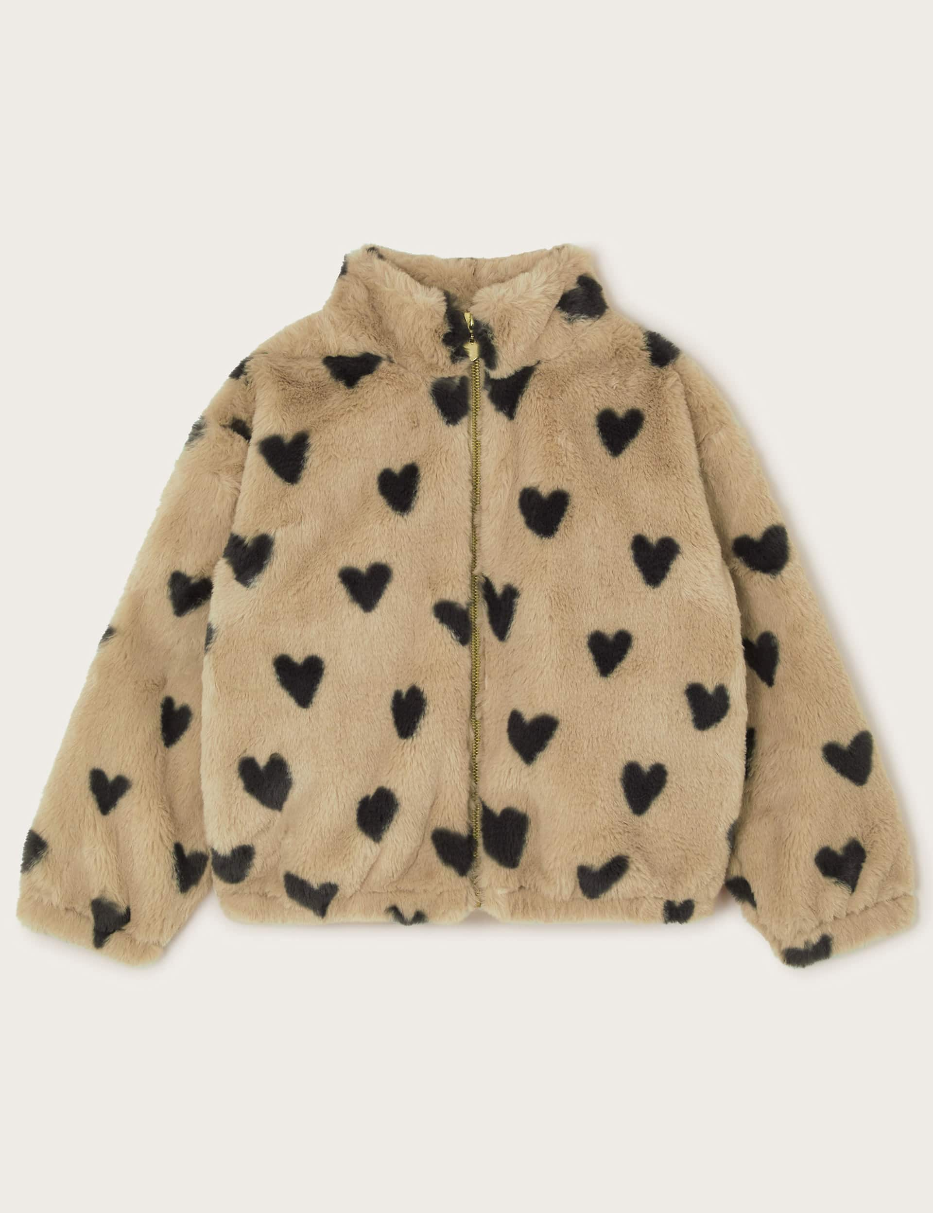 Monsoon Girls Fluffy Heart Print Zip Fleece Jacket - 3-4 Y - Stone, Stone