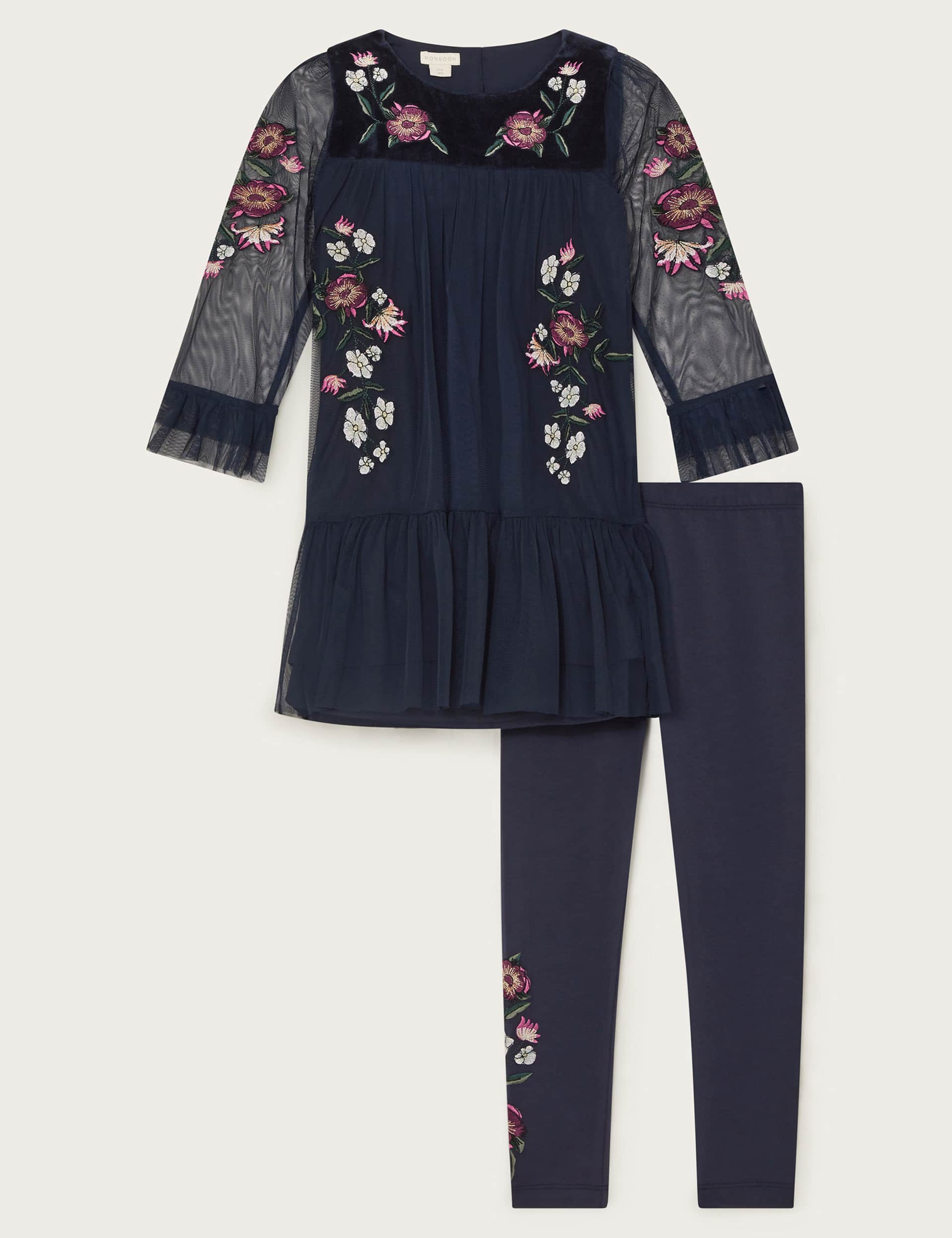 Monsoon Girls Embroidered Mesh Top & Bottom Outfit (3-13 Yrs) - 5-6 Y - Navy, Navy