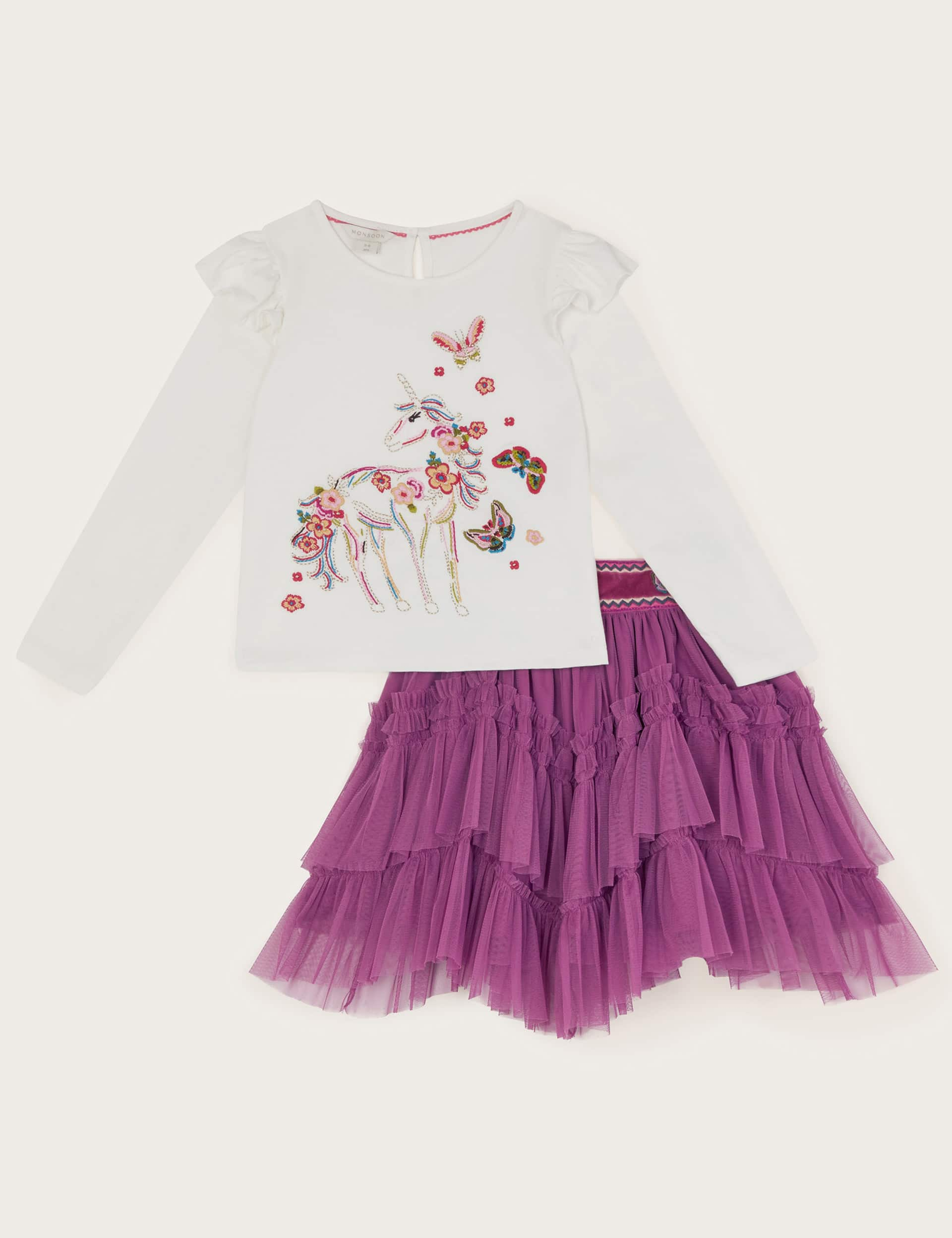 Monsoon Girls 2pc Unicorn Top and Disco Skirt Set (3-13 Yrs) - 7-8 Y - Purple Mix, Purple Mix