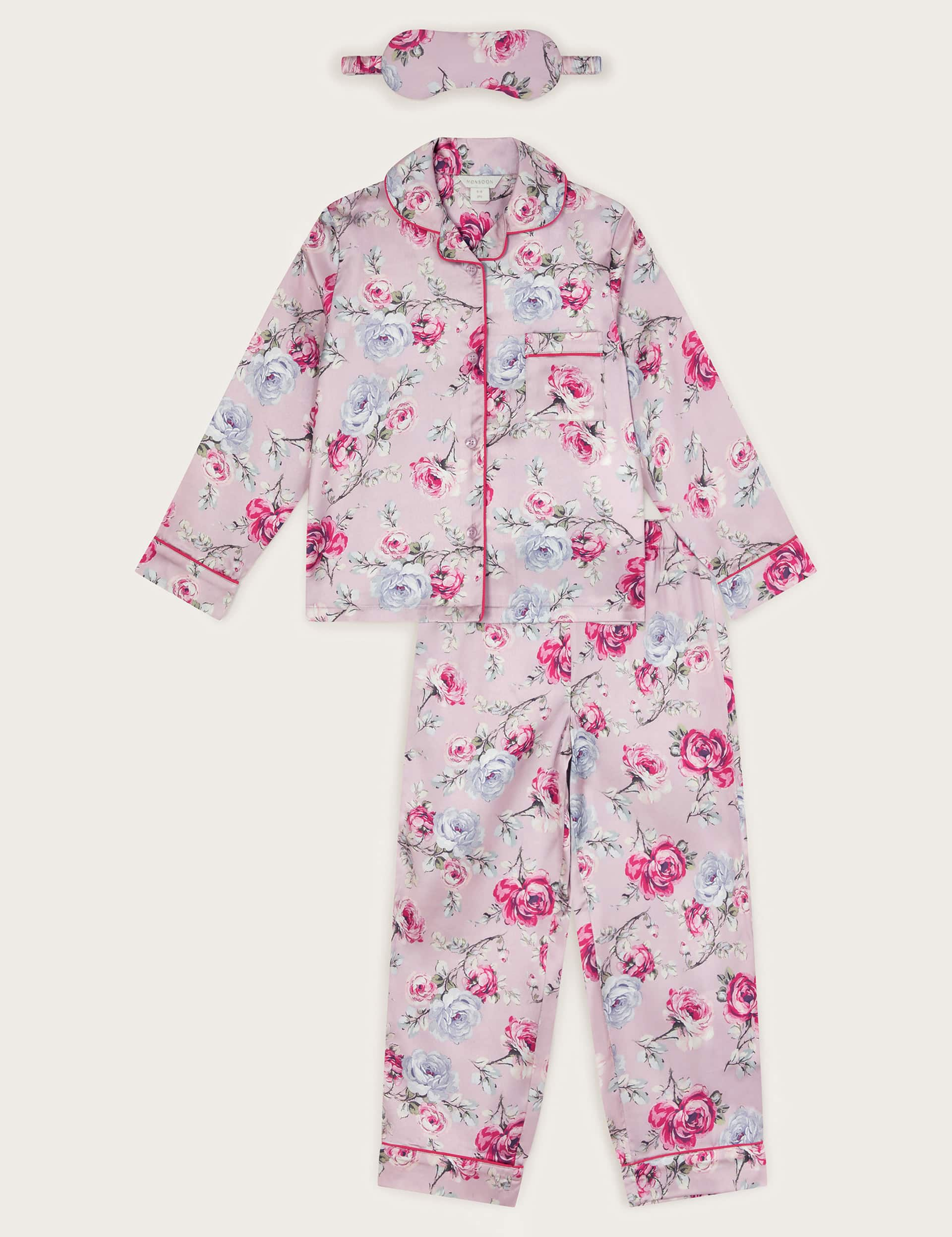 Monsoon Girls Satin Floral Pyjamas & Eye Mask Set (5-13 Yrs) - 11-12 - Pink Mix, Pink Mix