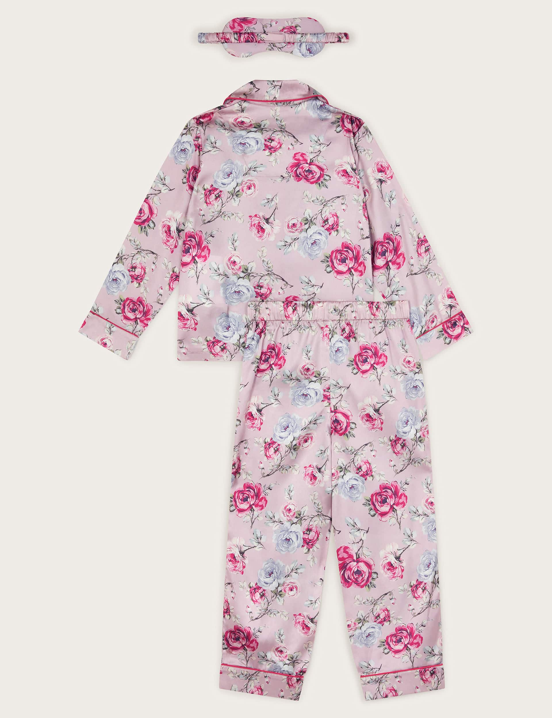 Monsoon Girls Satin Floral Pyjamas & Eye Mask Set (5-13 Yrs) - 7-8 Y - Pink Mix, Pink Mix