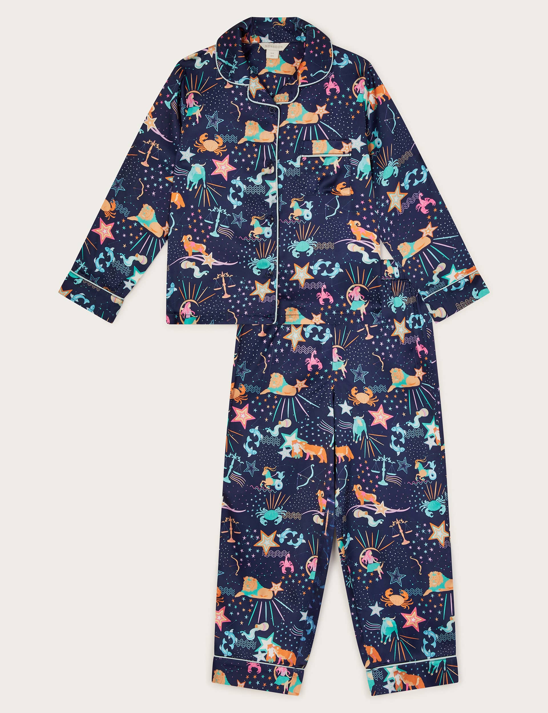 Monsoon Girls Satin Zodiac Pyjamas (5-13 Yrs) - 9-10Y - Navy Mix, Navy Mix