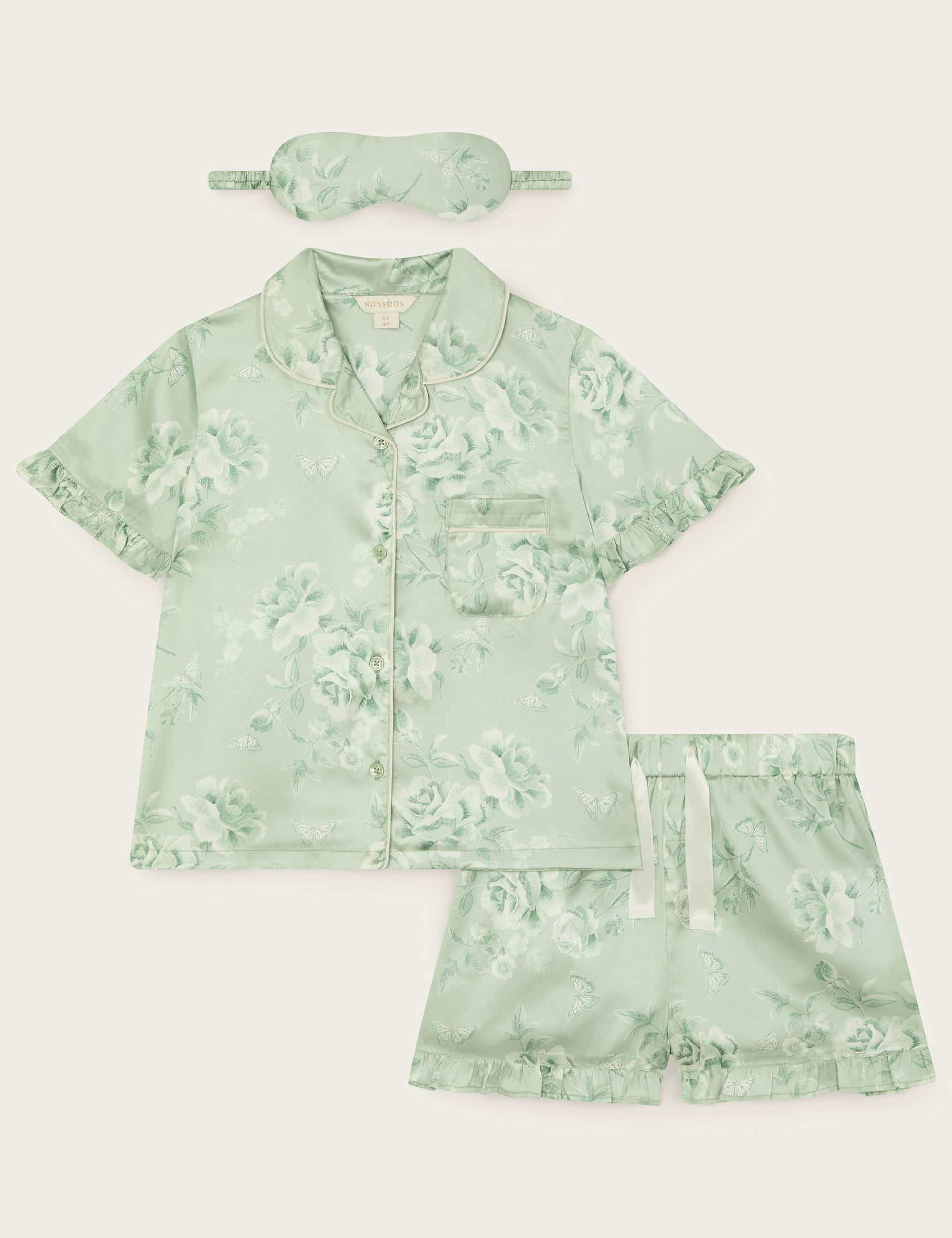 Monsoon Girls Satin Floral Short Pyjama and Mask Set - 12-13 - Green Mix, Green Mix