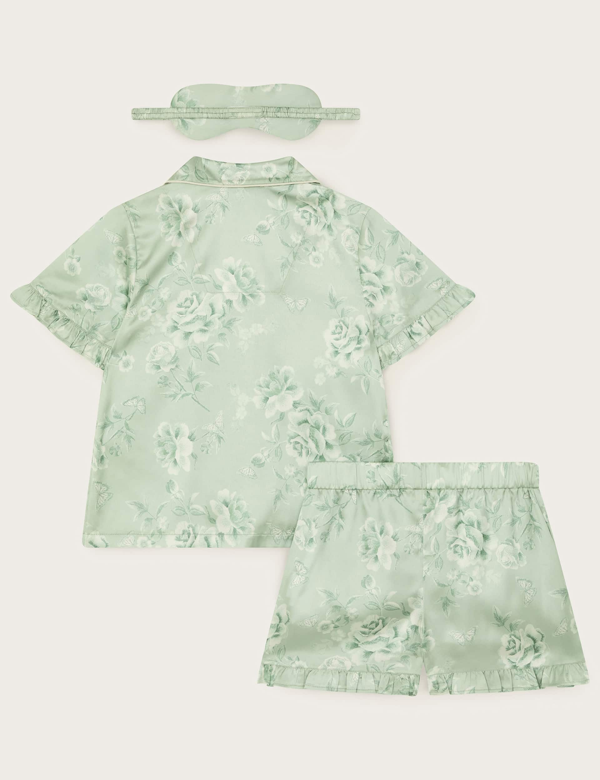 Monsoon Girls Satin Floral Short Pyjama and Mask Set - 5-6 Y - Green Mix, Green Mix