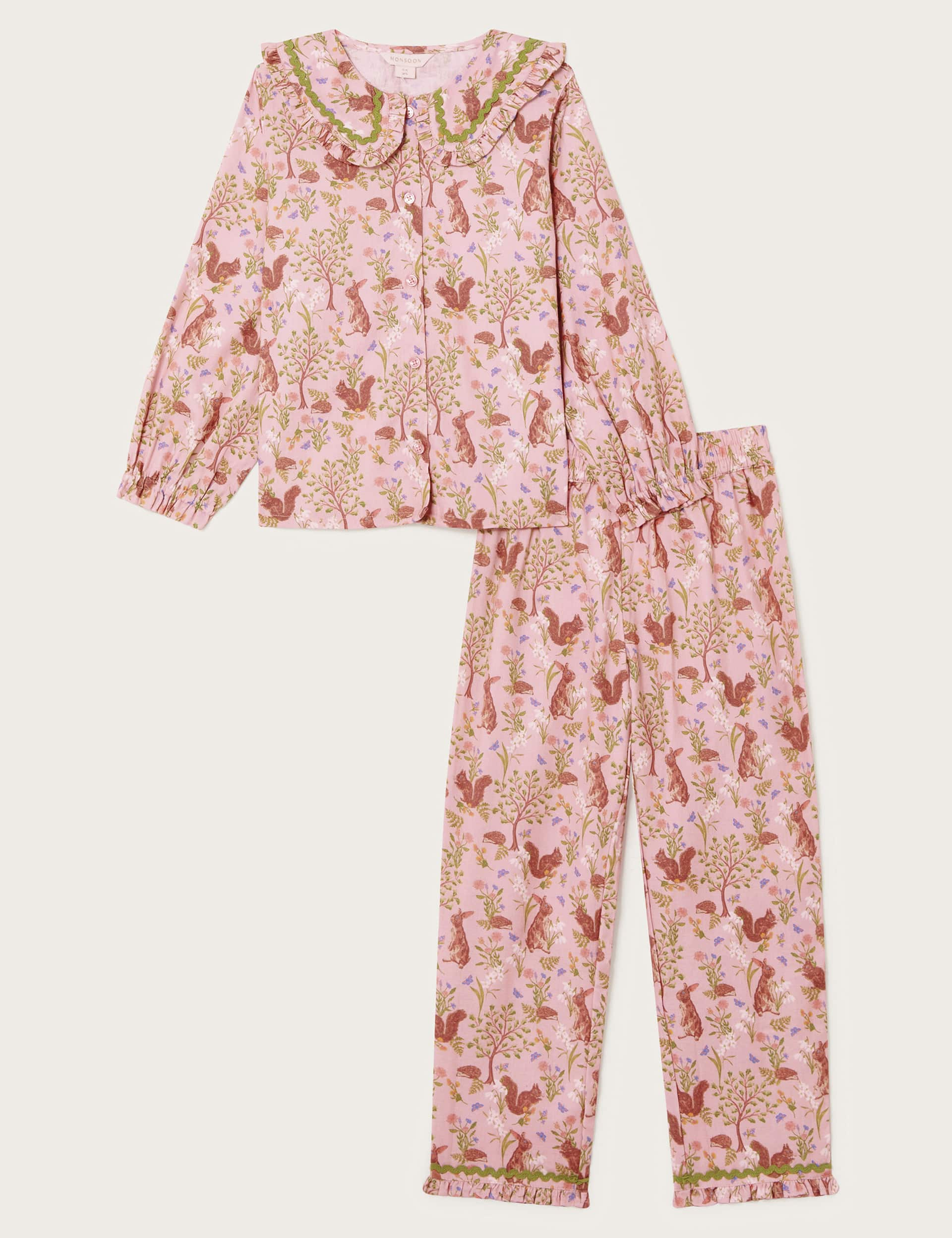 Monsoon Girls Pure Cotton Woodland Print Pyjamas (3-13 Yrs) - 5-6 Y - Pink Mix, Pink Mix