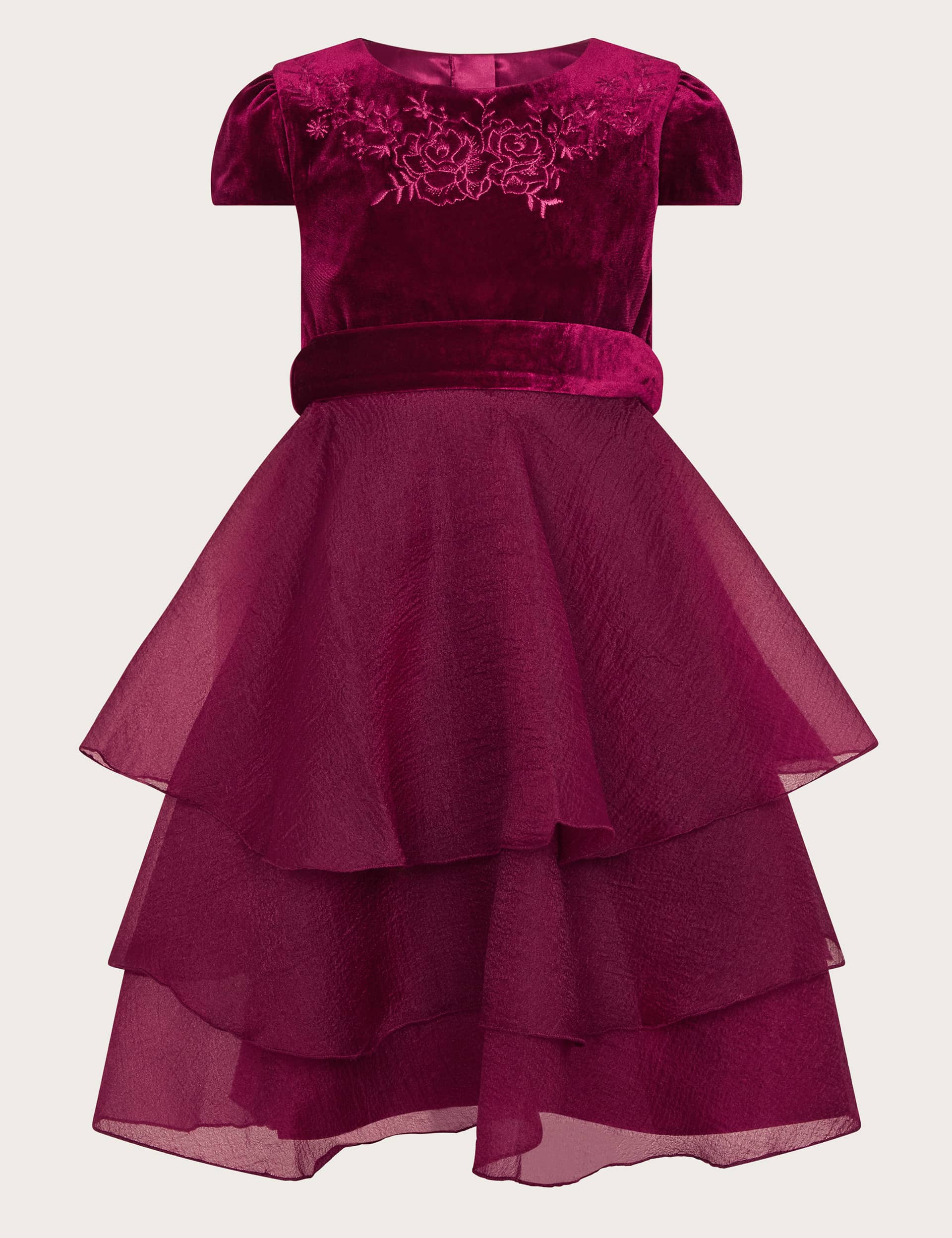 Monsoon Girls Embroidered Velvet Ruffle Occasion Dress (3-15 Yrs) - 10y - Burgundy, Burgundy