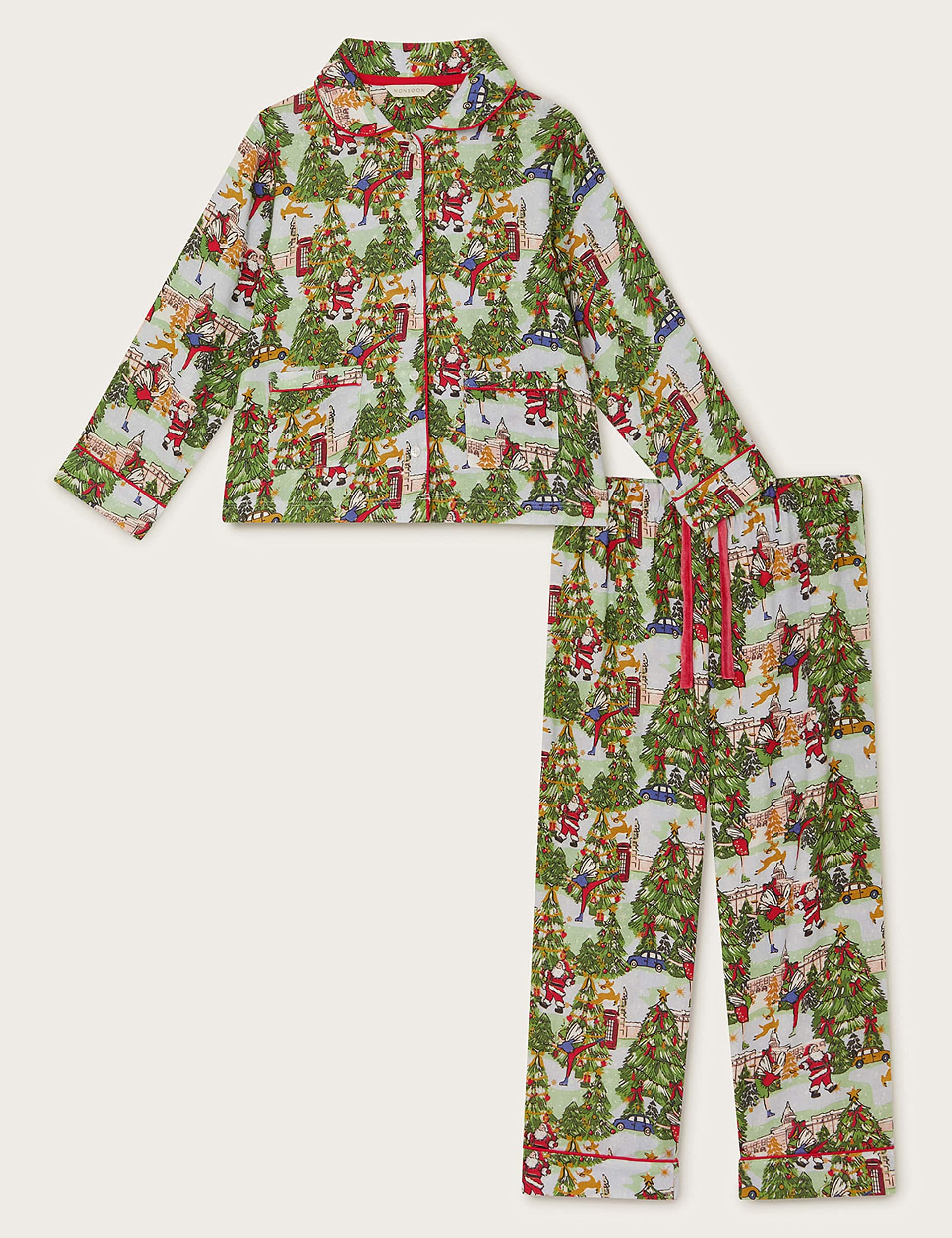 Monsoon Girls Pure Cotton Father Christmas Pyjamas (2-13 Yrs) - 11-12 - Green Mix, Green Mix