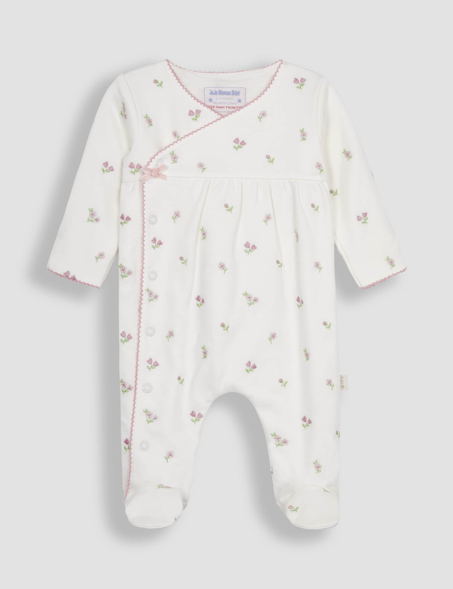 Jojo Maman Bb Girls 2pc Pure Cotton Floral Sleepsuit and Hat Set (0-6 Mths) - 0-3 M - Cream Mix, C