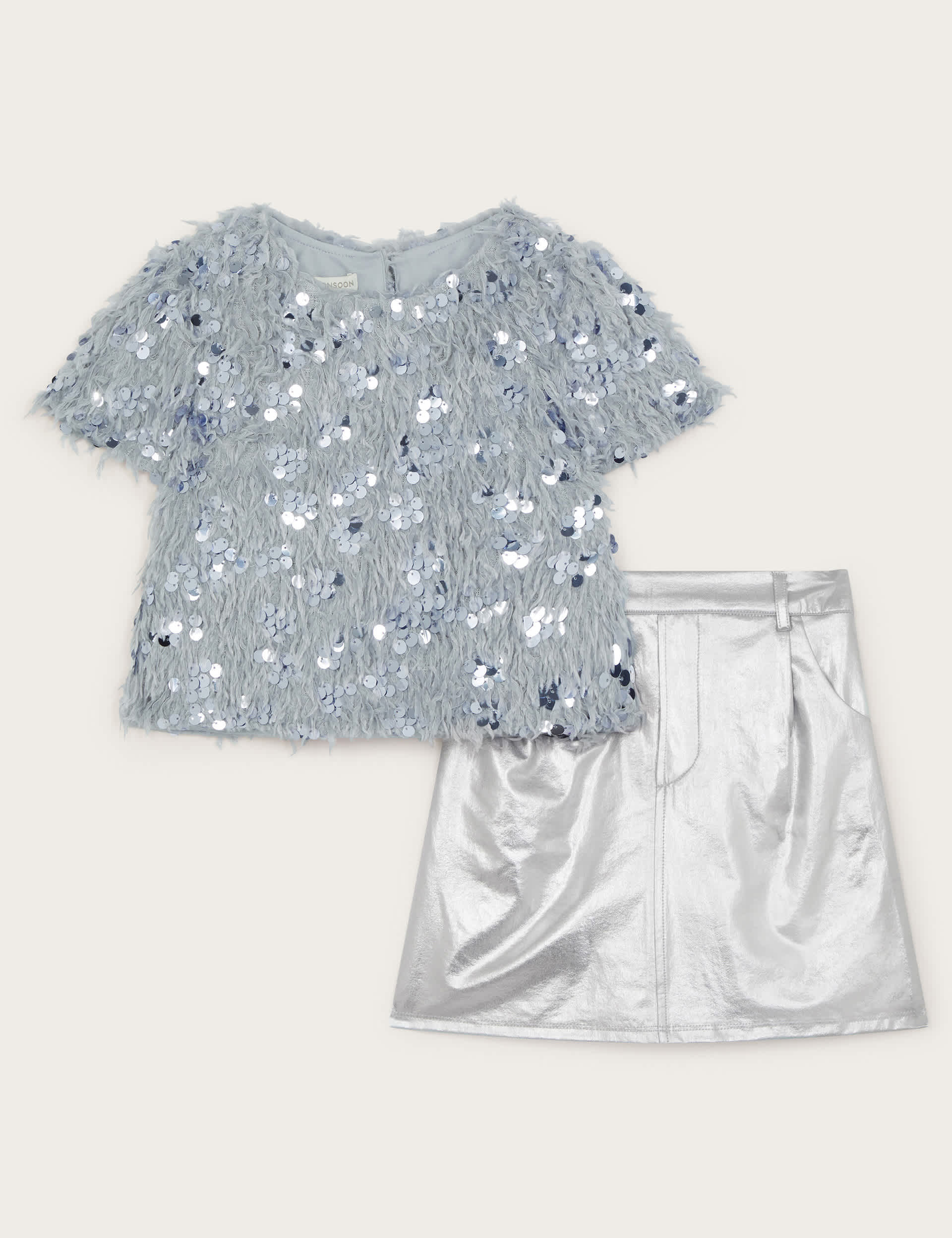 Monsoon Girls Sequin Top & Skirt Set (3-15 Yrs) - 12-13 - Silver, Silver