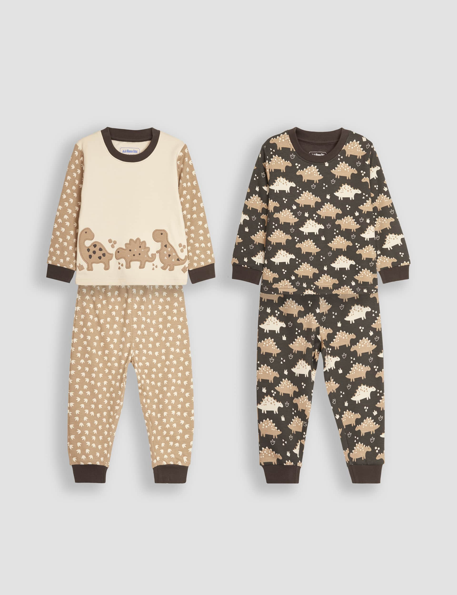 Jojo Maman Bb Boys 2pk Pure Cotton Dinosaur Pyjamas (18 Mths-7 Yrs) - 2-3 Y - Brown Mix, Brown Mix