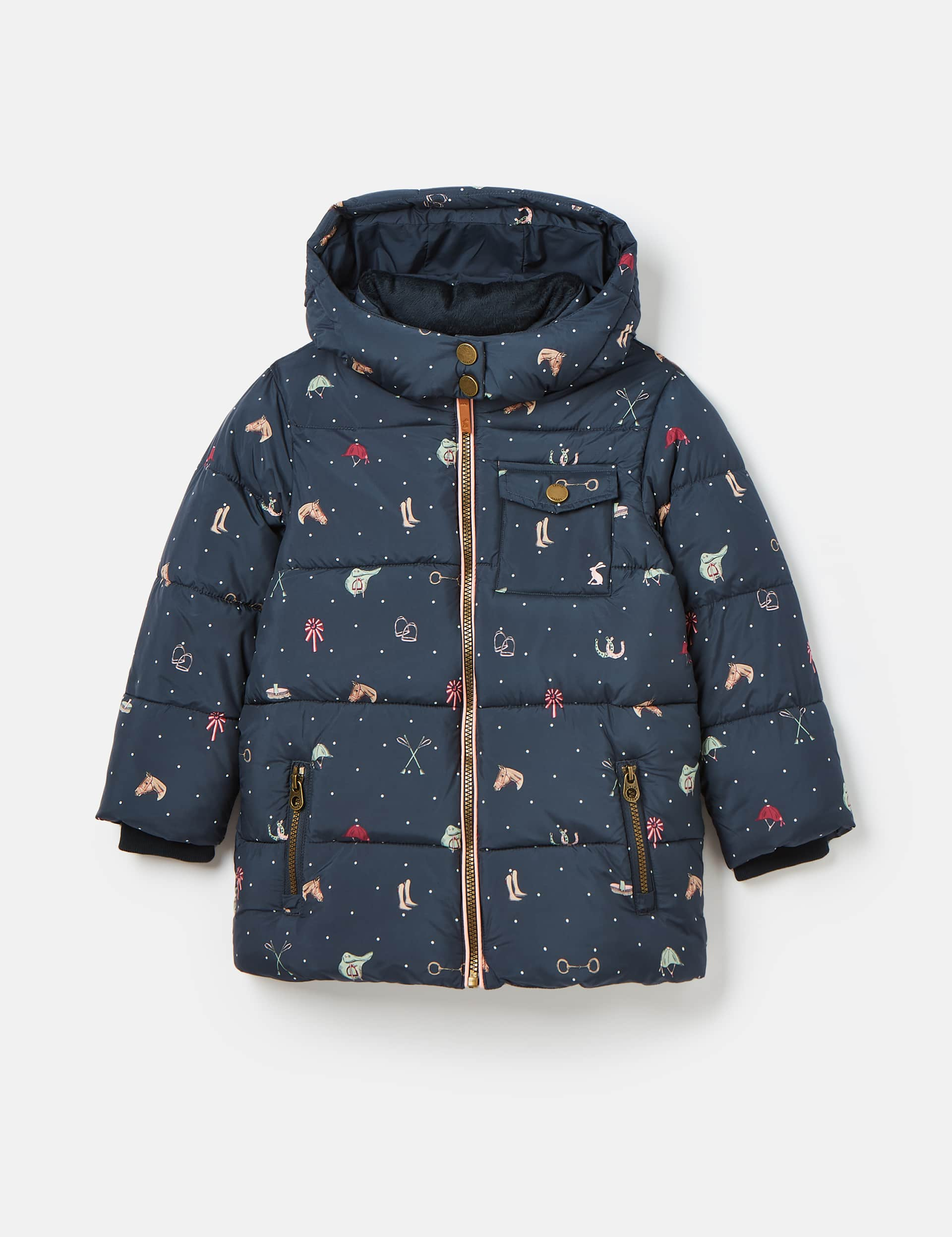 Joules Girls Hooded Padded Horse Print Coat (2-11 Yrs) - 4 - Navy Mix, Navy Mix