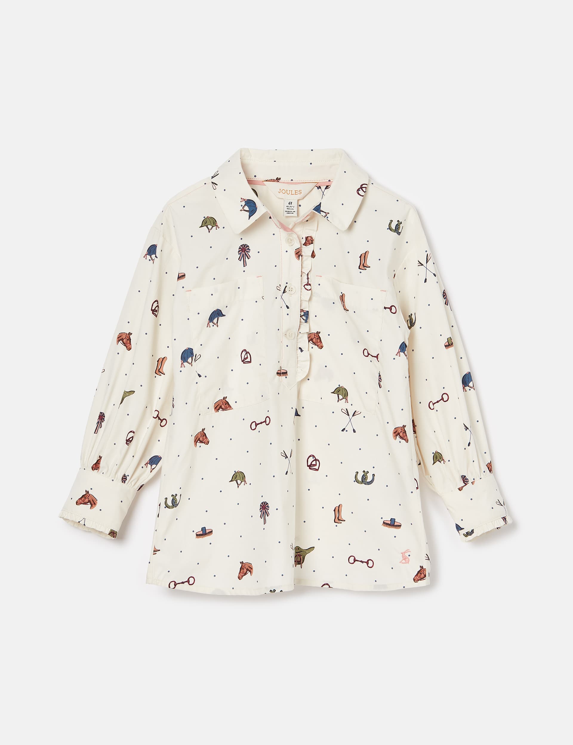 Joules Girls Cotton Rich Horse Print Frill Top (4-12 Yrs) - 7-8Y - Cream Mix, Cream Mix