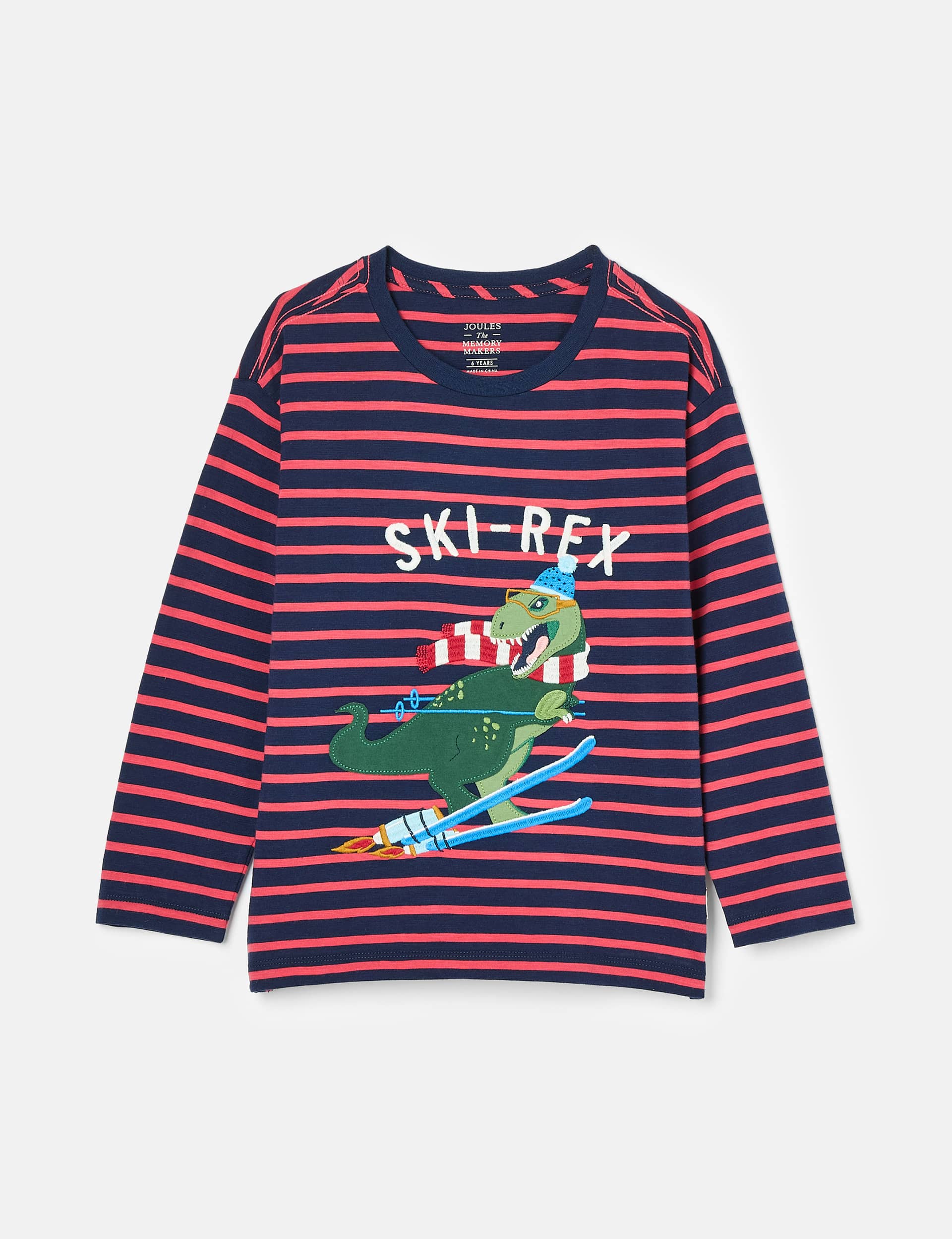 Joules Boys Pure Cotton Striped Dinosaur T-Shirt (2-8 Yrs) - 7-8Y - Red Mix, Red Mix