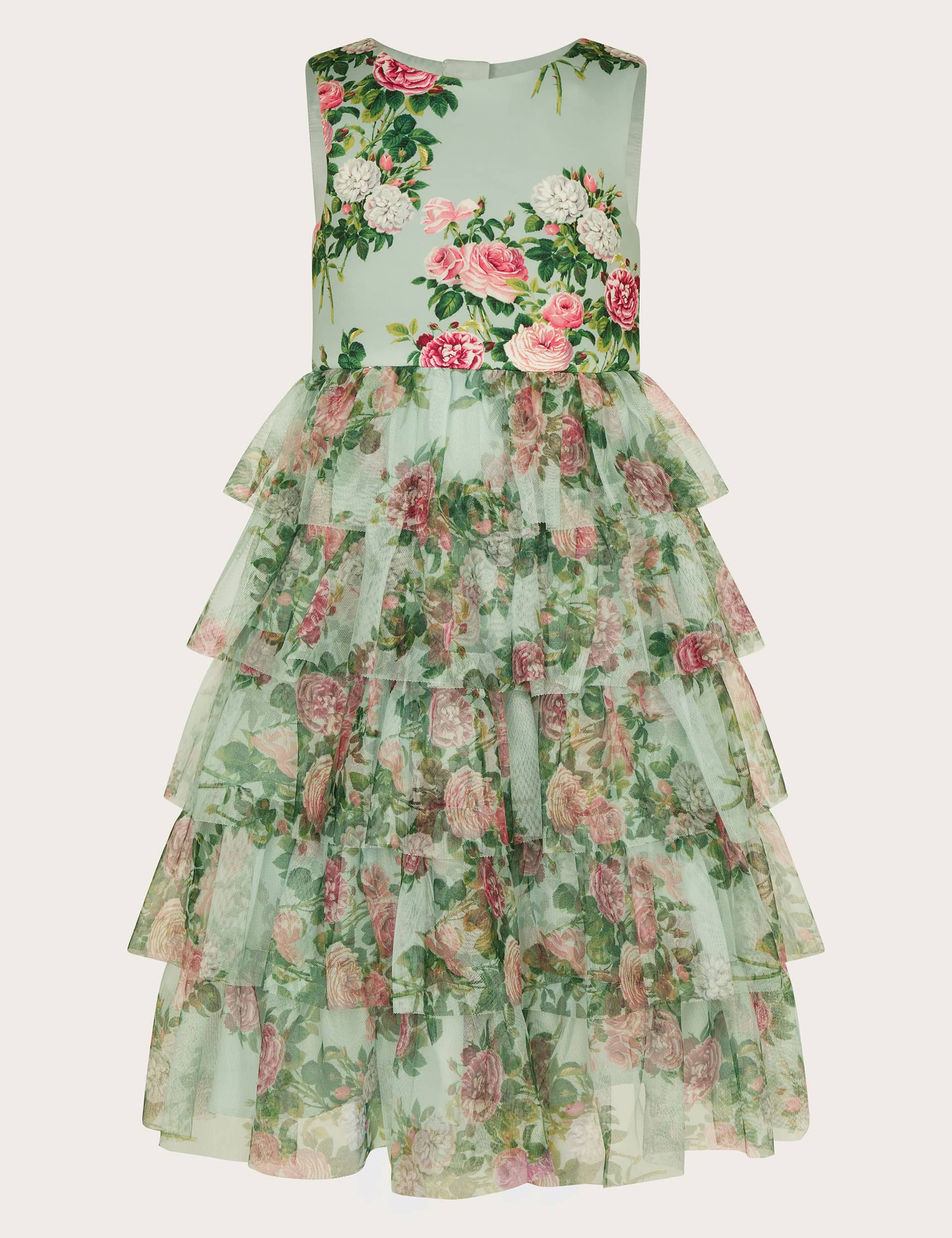 Monsoon Girls Floral Tiered Tulle Occasion Dress (3-13 Yrs) - 12-13 - Green Mix, Green Mix