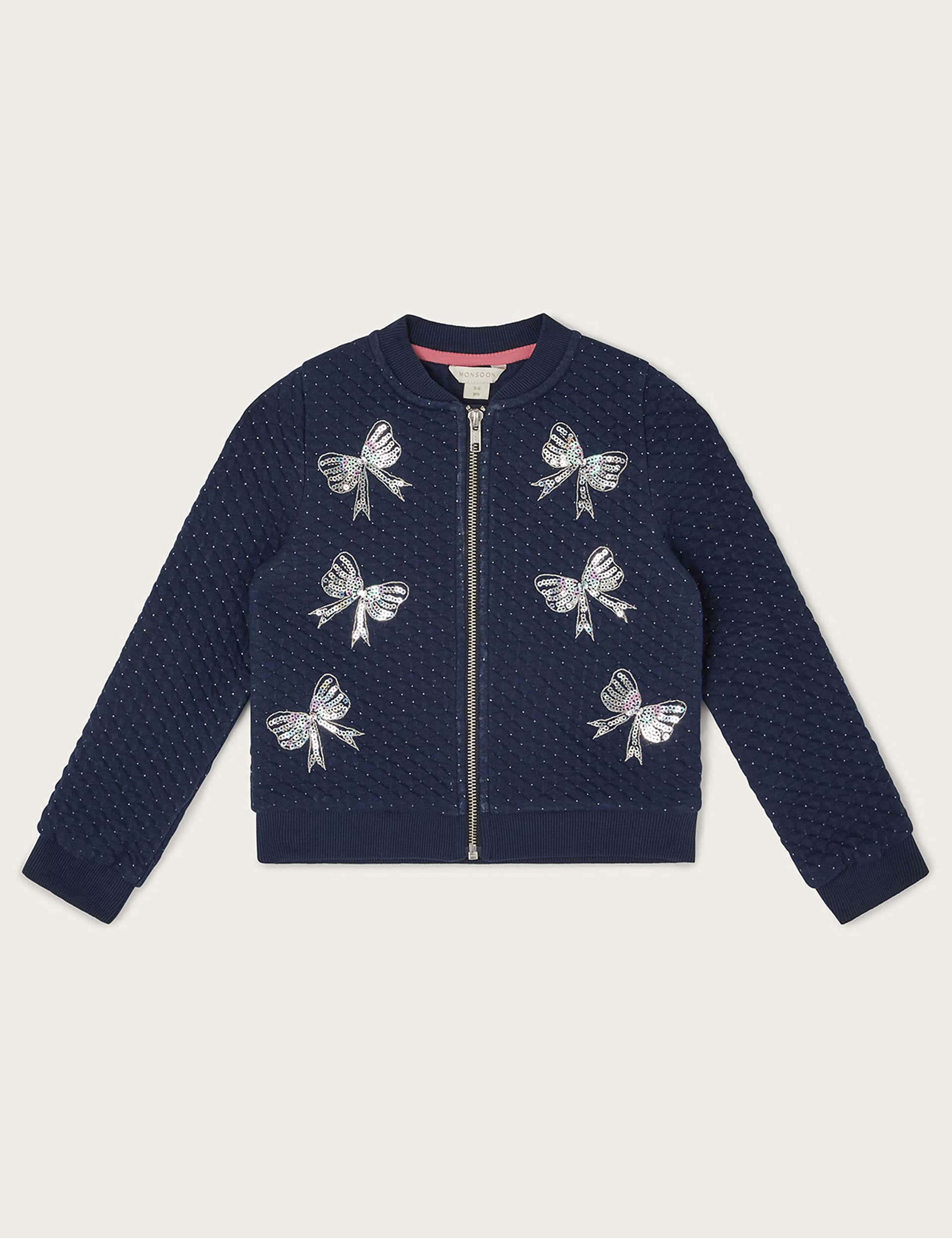 Monsoon Girls Cotton Rich Sequin Bow Bomber Jacket (3-13 Yrs) - 3-4 Y - Navy, Navy