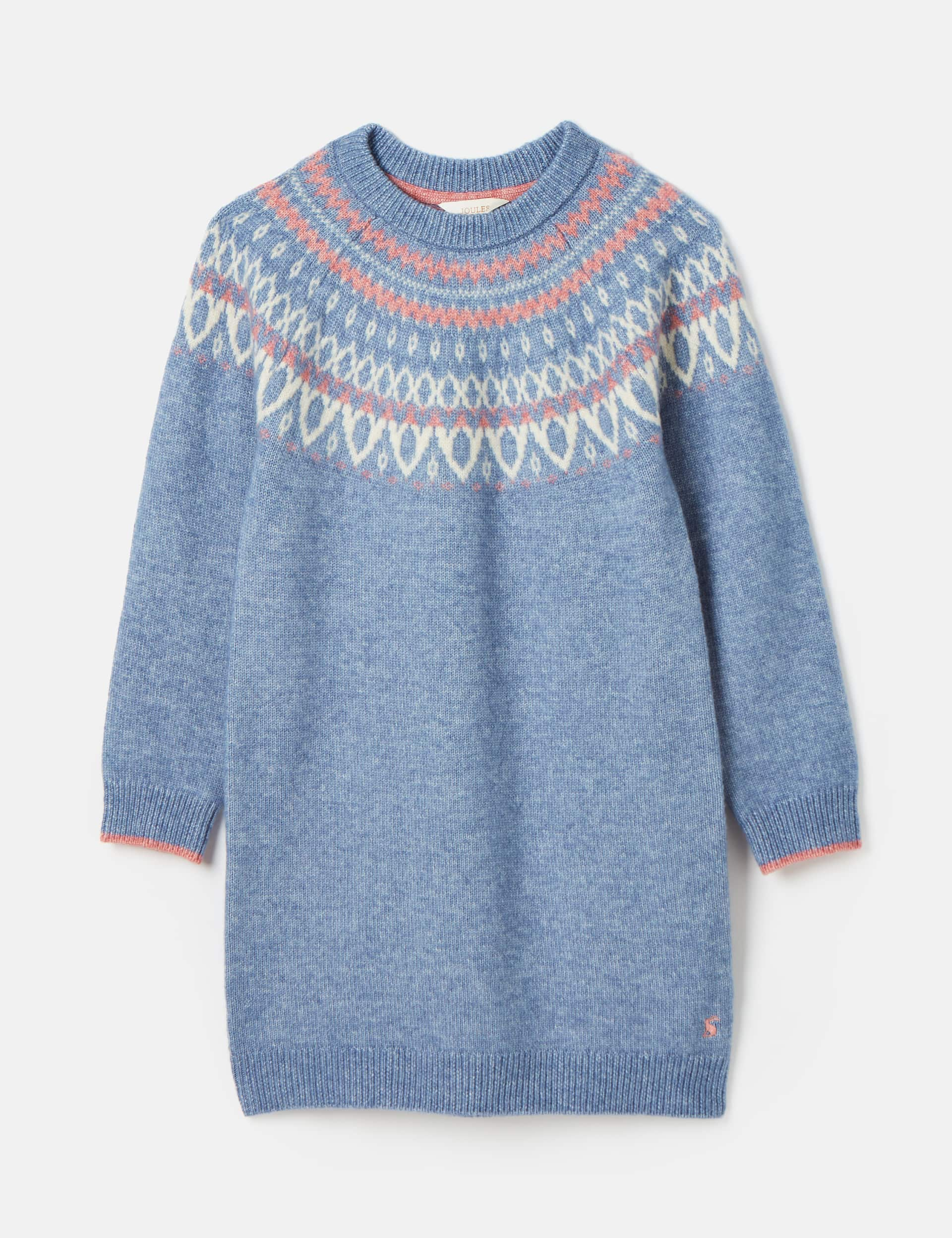 Joules Girls Knitted Fair Isle Jumper Dress with Wool (1-12 Yrs) - 3-4 Y - Light Blue Mix, Light Blu