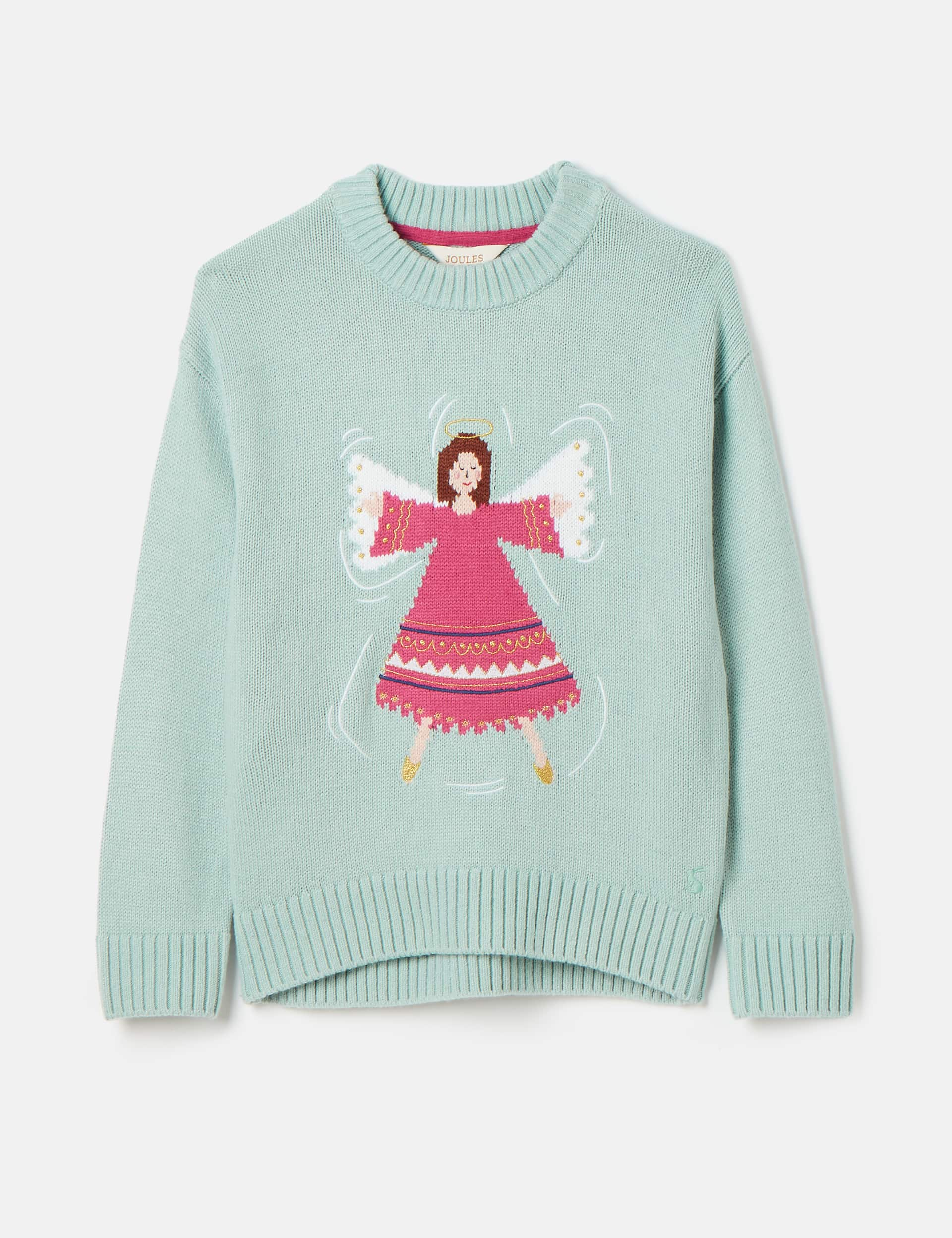 Joules Girls Knitted Snow Angel Jumper with Wool (1-12 Yrs) - 7-8 Y - Light Blue Mix, Light Blue Mix