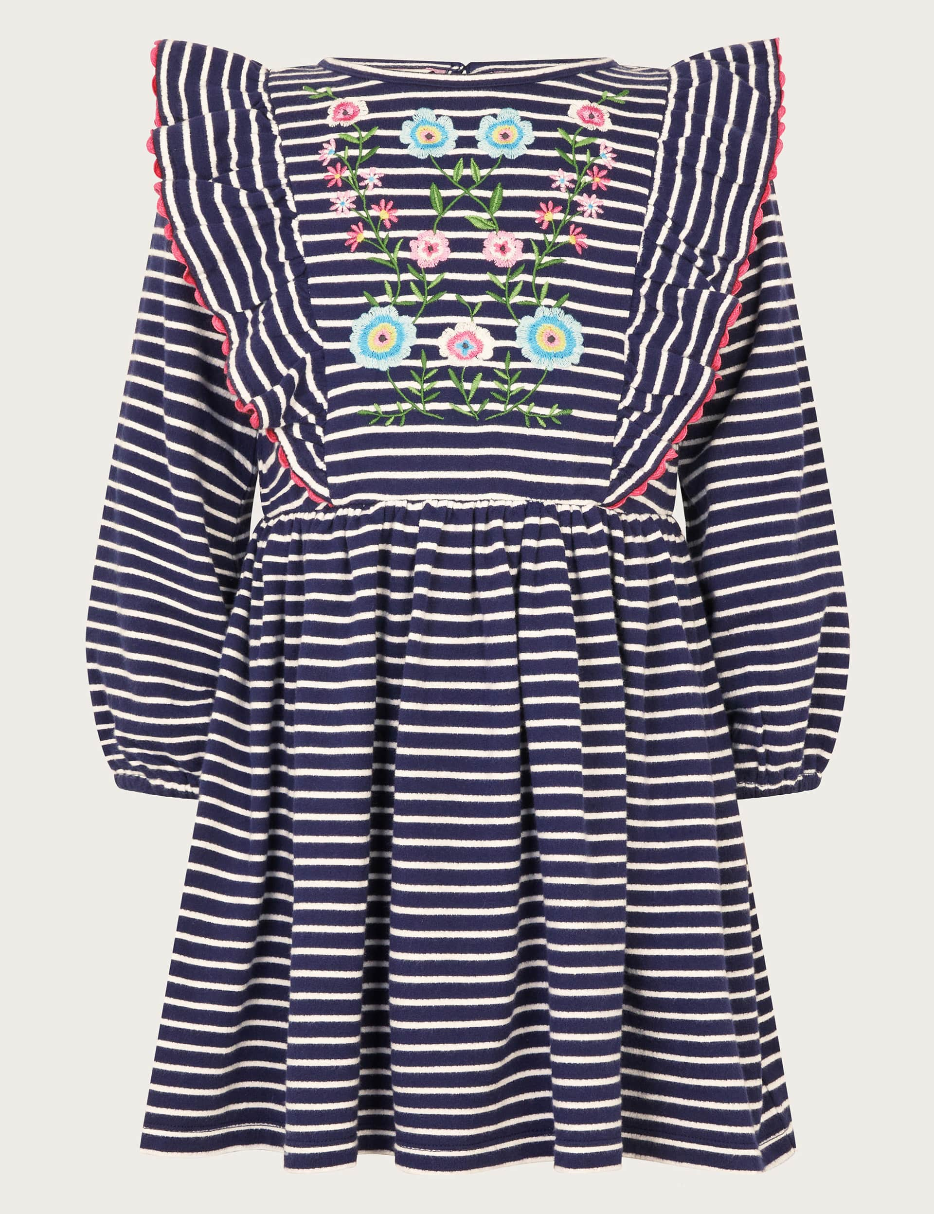 Monsoon Girls Jersey Striped Embroidered Dress (2-13 Yrs) - 5-6 Y - Navy Mix, Navy Mix