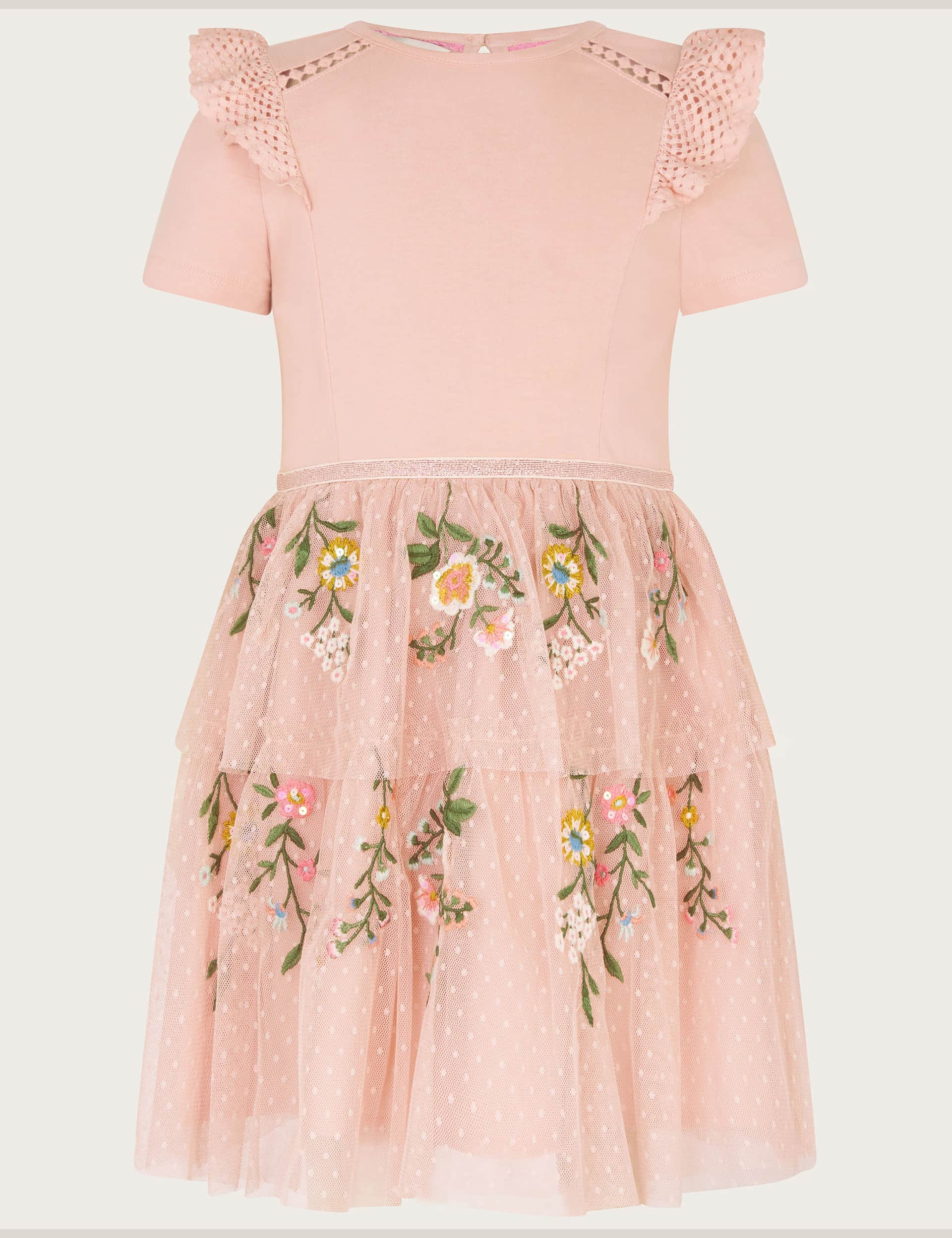 Monsoon Girls Floral Embroidered Tulle Dress (3-13 Yrs) - 5-6 Y - Pink, Pink