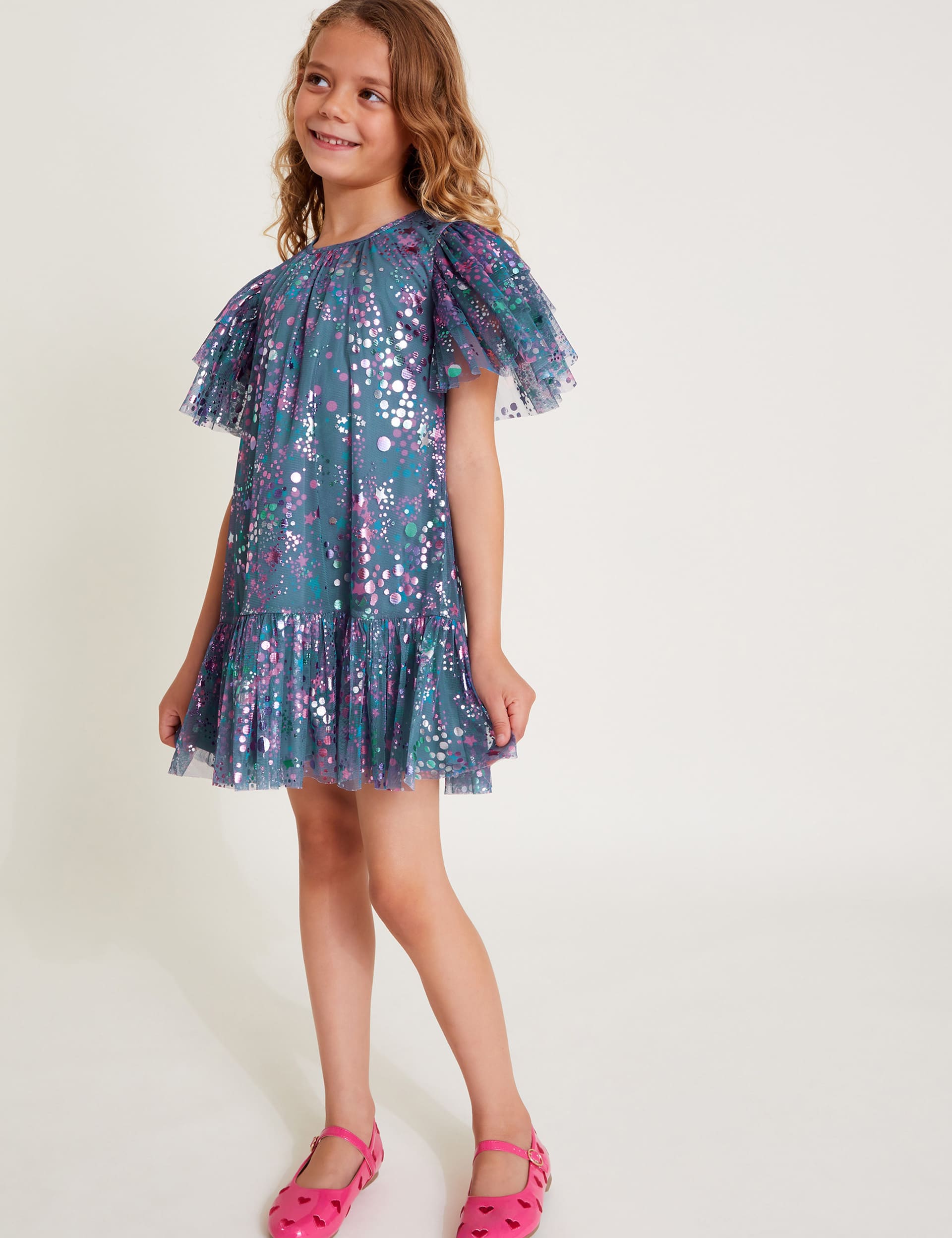 Monsoon Girls Mesh Frill Sleeve Metallic Dress (3-13 Yrs) - 12-13 - Grey Mix, Grey Mix