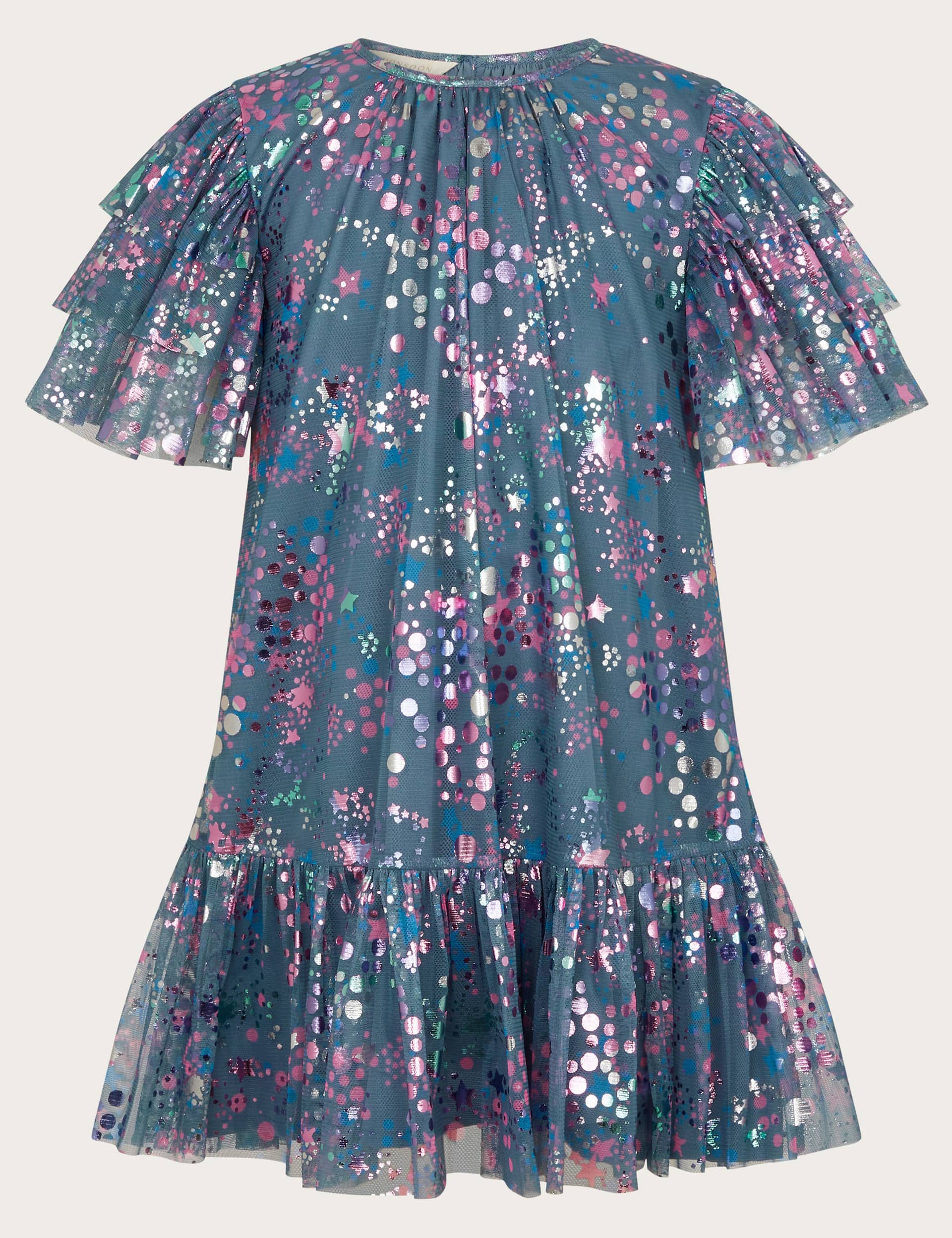 Monsoon Girls Mesh Frill Sleeve Metallic Dress (3-13 Yrs) - 5y - Grey Mix, Grey Mix