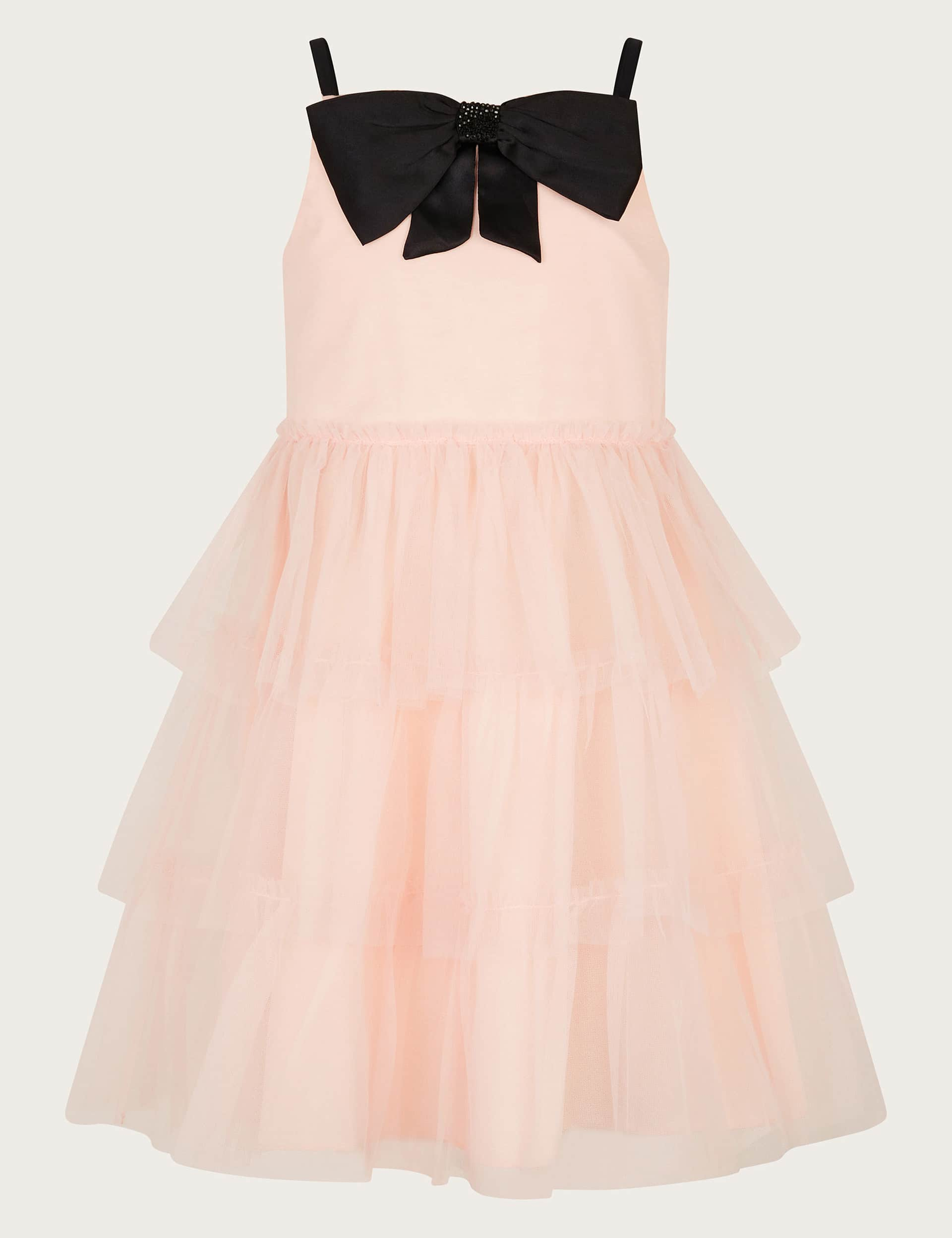 Monsoon Girls Bow Tulle Tiered Party Dress (3-13 Yrs) - 10y - Pink, Pink