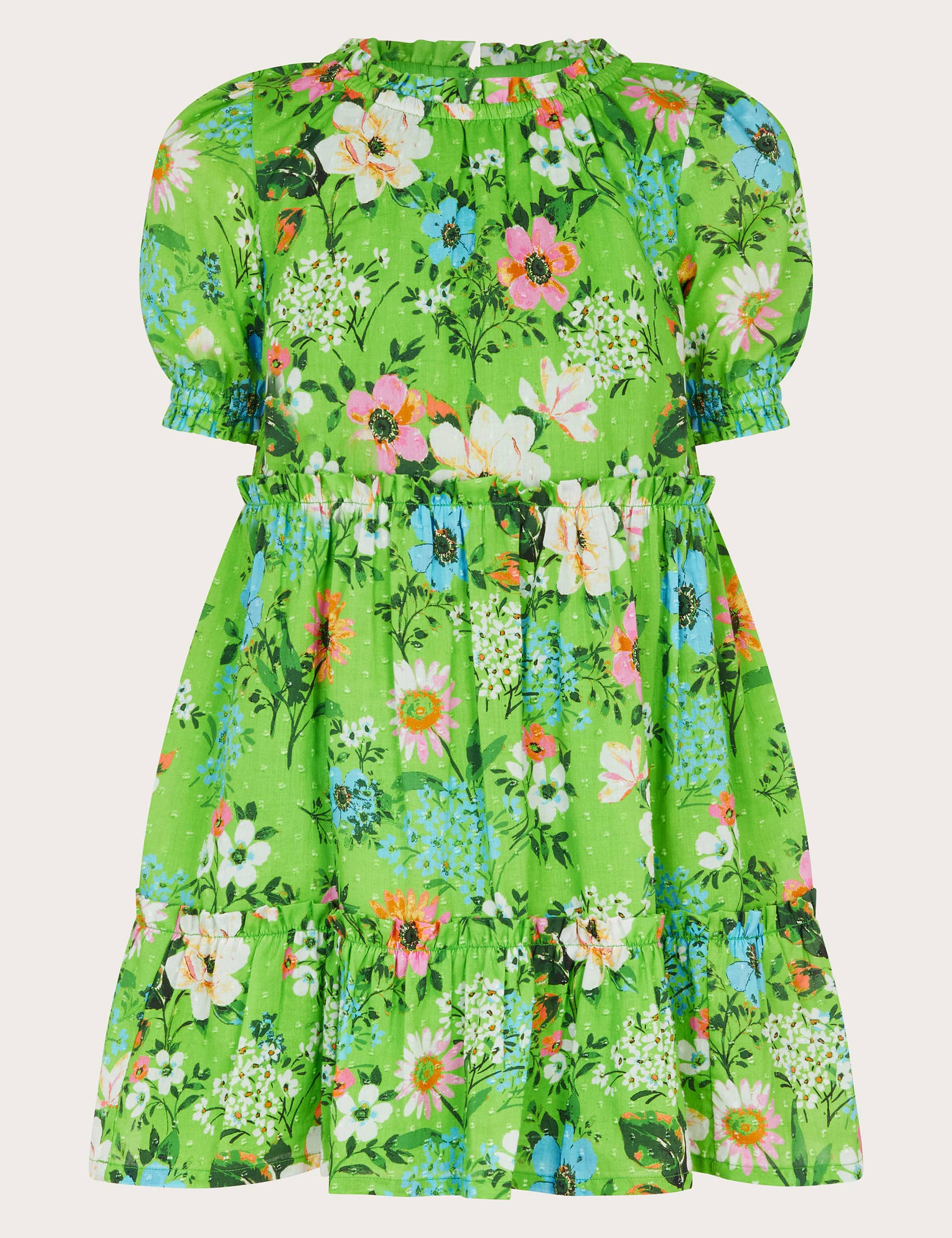 Monsoon Girls Pure Cotton Floral Puff Sleeve Dress (3-13 Yrs) - 8y - Green Mix, Green Mix