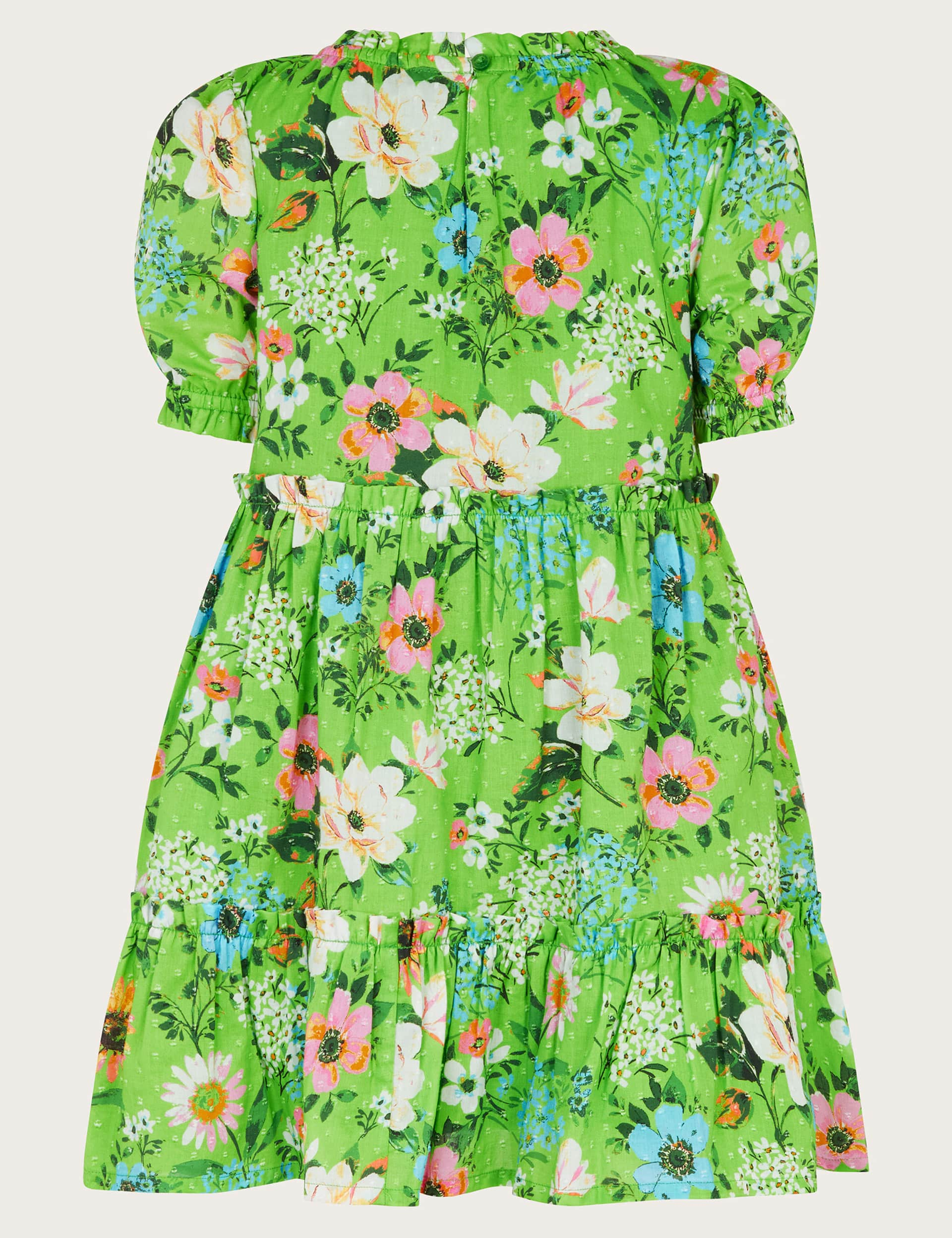 Monsoon Girls Pure Cotton Floral Puff Sleeve Dress (3-13 Yrs) - 12-13 - Green Mix, Green Mix