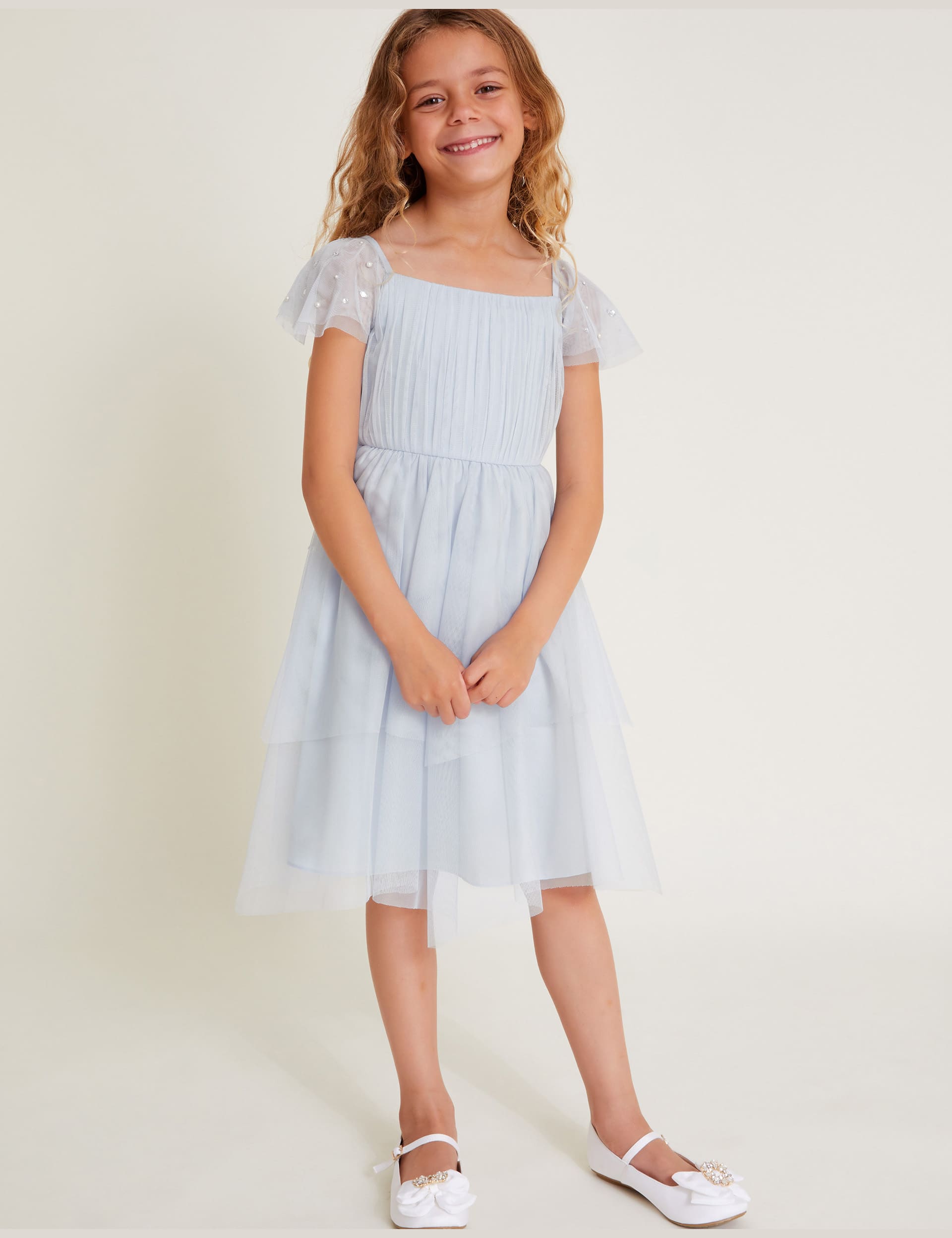 Monsoon Girls Tulle Diamante Sleeve Dress (3-13 Yrs) - 11-12 - Blue Mix, Blue Mix