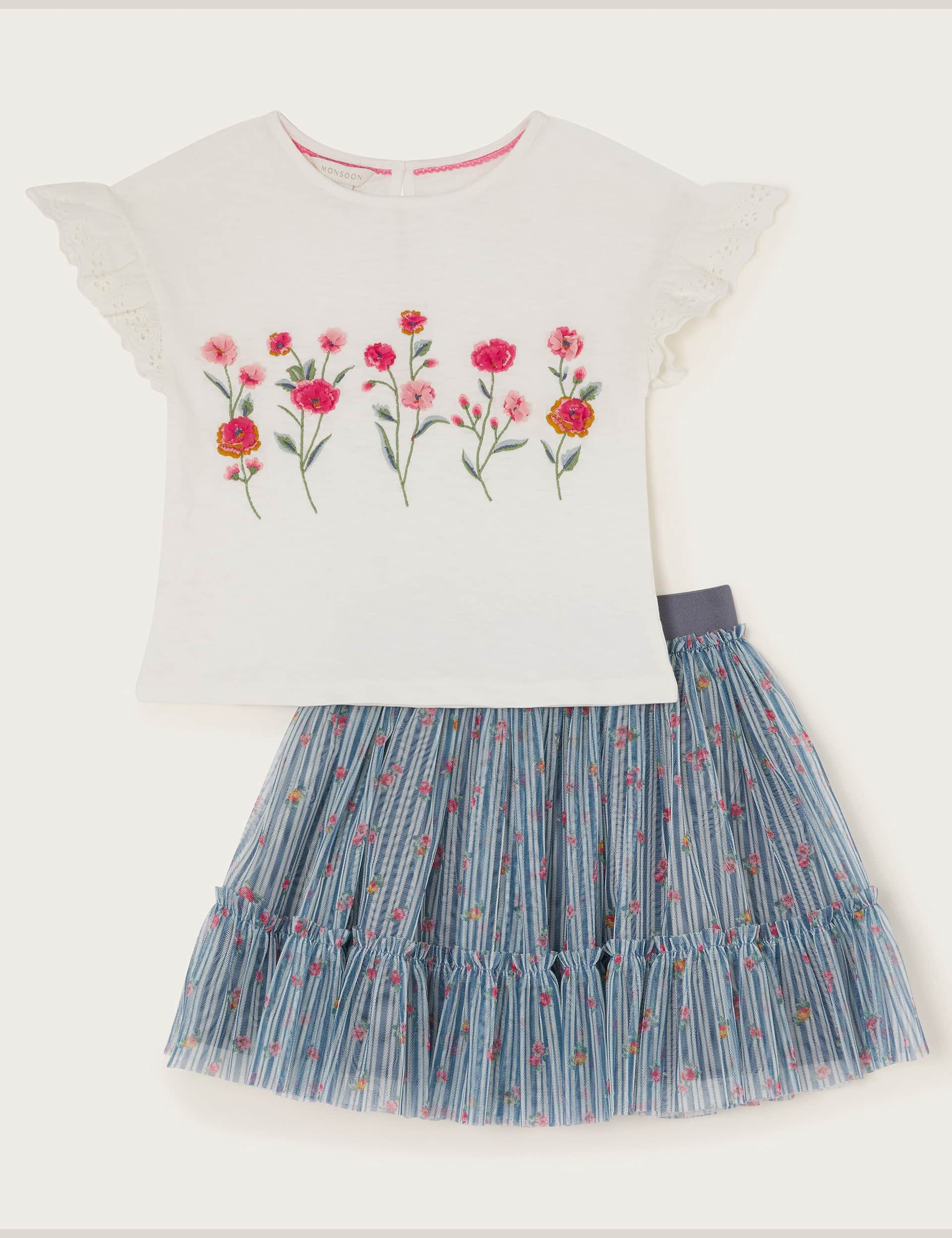 Monsoon Girls Tulle Floral Skirt & T-Shirt Set (3-13 Yrs) - 7-8 Y - Blue Mix, Blue Mix