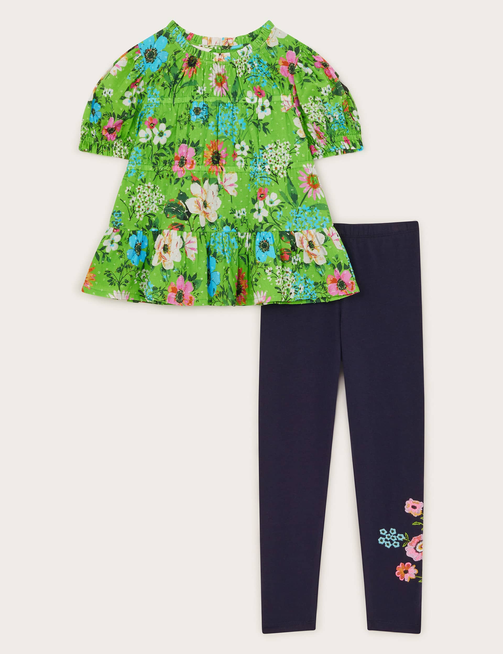 Monsoon Girls Pure Cotton Floral Top & Bottom Outfit (3-13 Yrs) - 5-6 Y - Green Mix, Green Mix