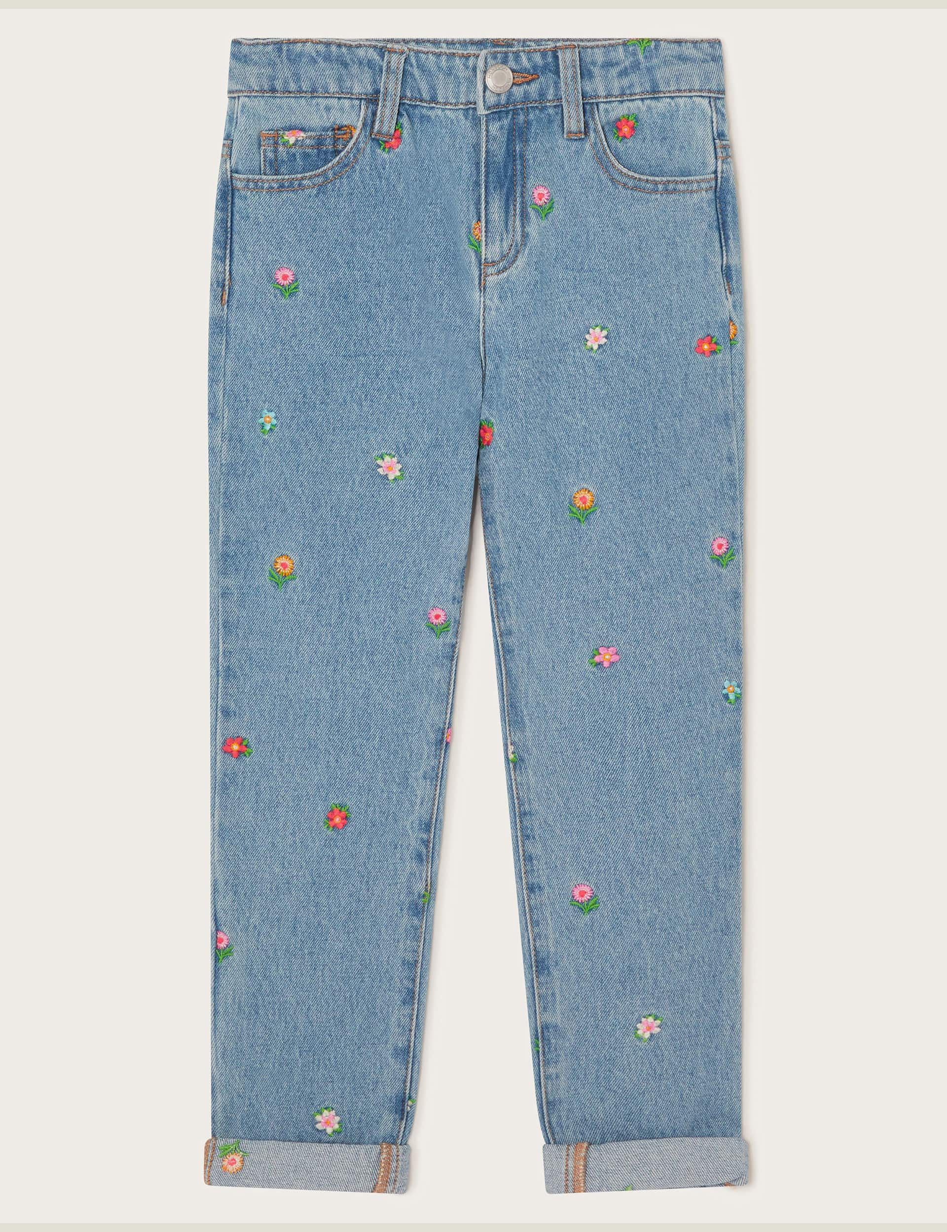 Monsoon Girls Regular Denim Floral Embroidered Jeans (3-13 Yrs) - 10y - Blue Mix, Blue Mix