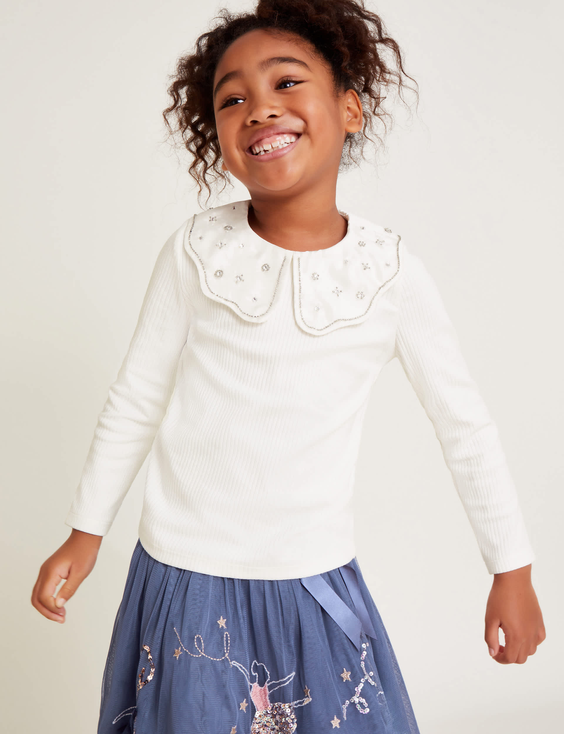 Monsoon Girls Cotton Rich Embellished Ribbed Top (3-13 Yrs) - 9-10Y - Ivory Mix, Ivory Mix