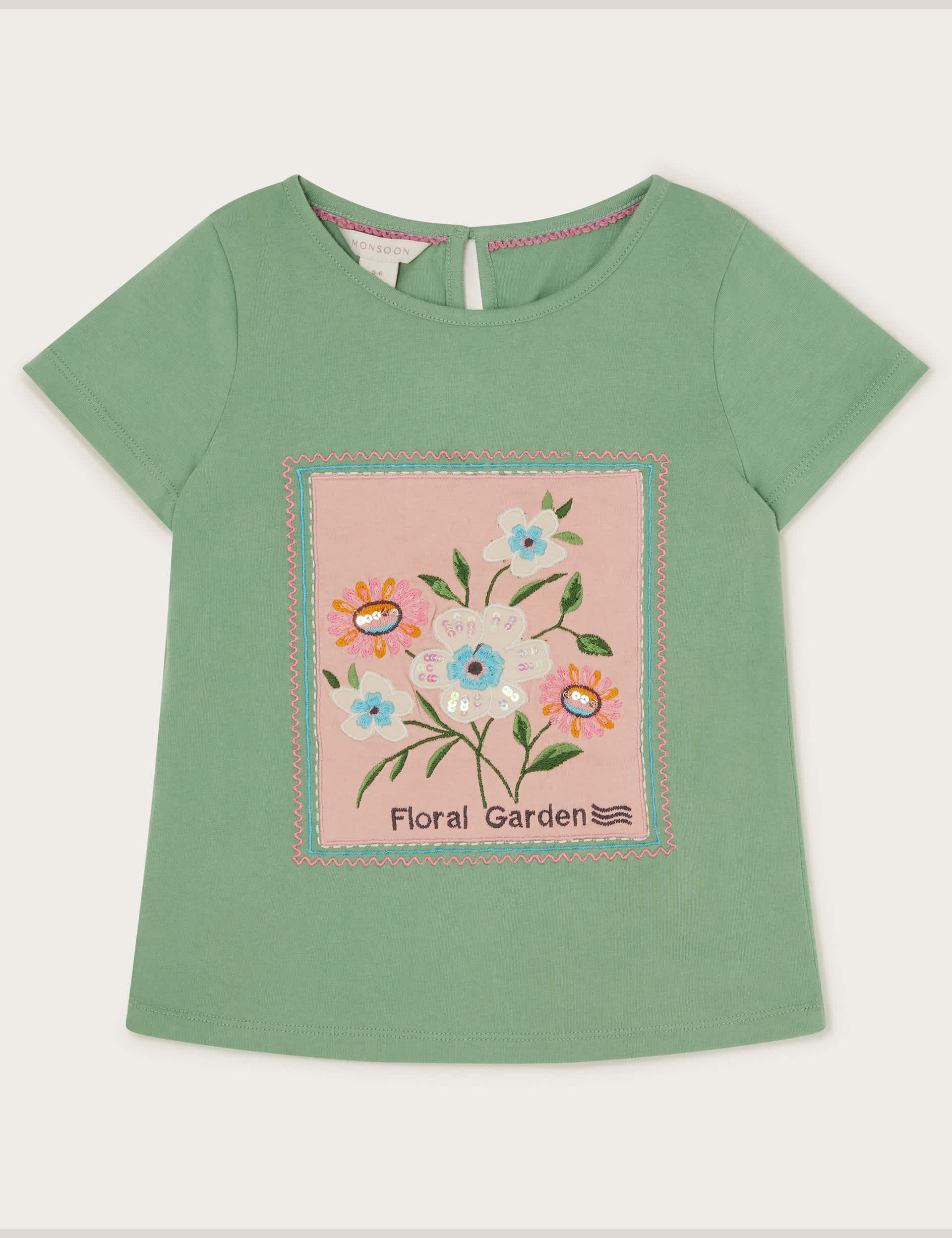 Monsoon Girls Pure Cotton Flower Embroidered T-Shirt (3-13 Yrs) - 7-8 Y - Green Mix, Green Mix