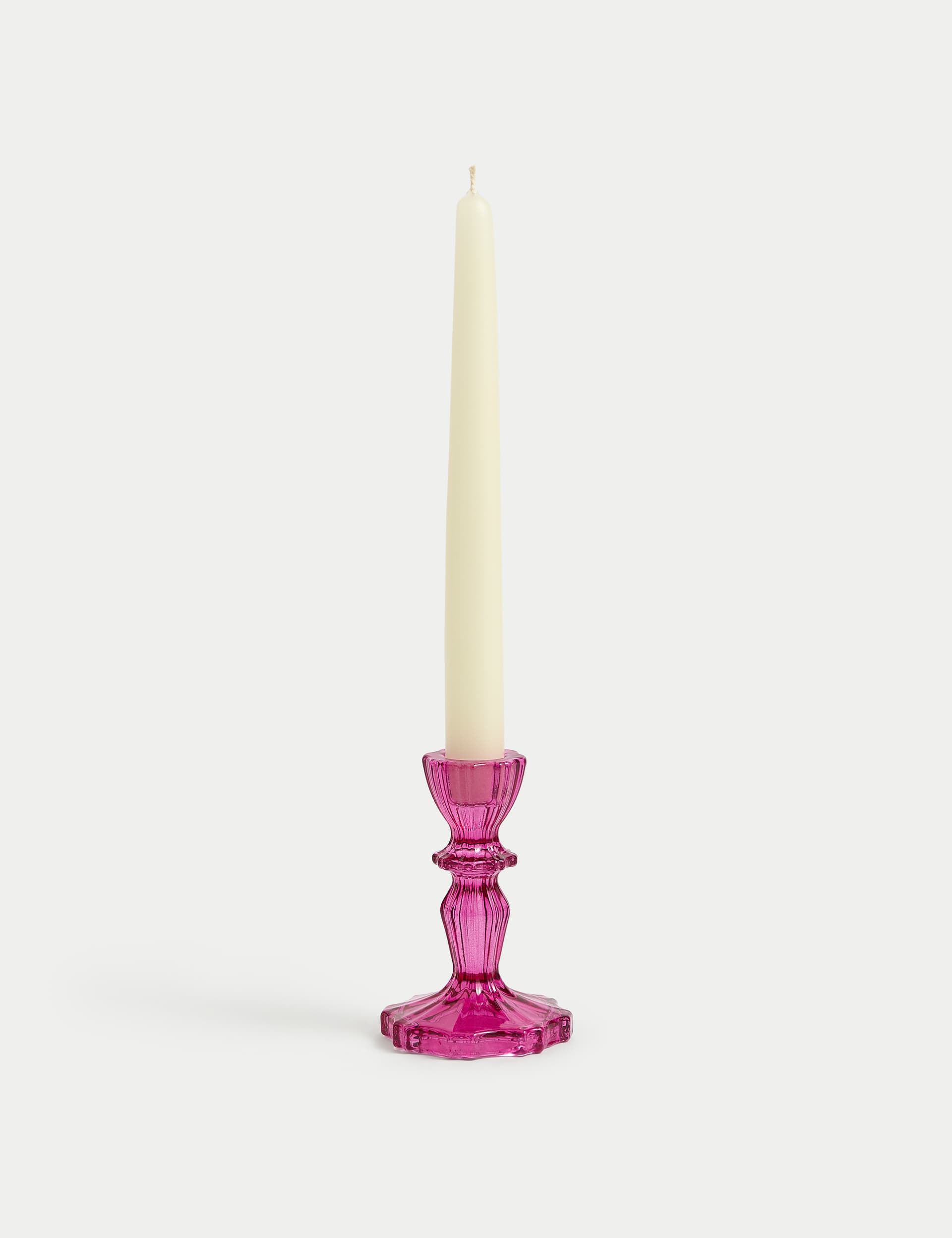 M&S Ridged Glass Dinner Candle Holder - Pink Magenta, Pink Magenta