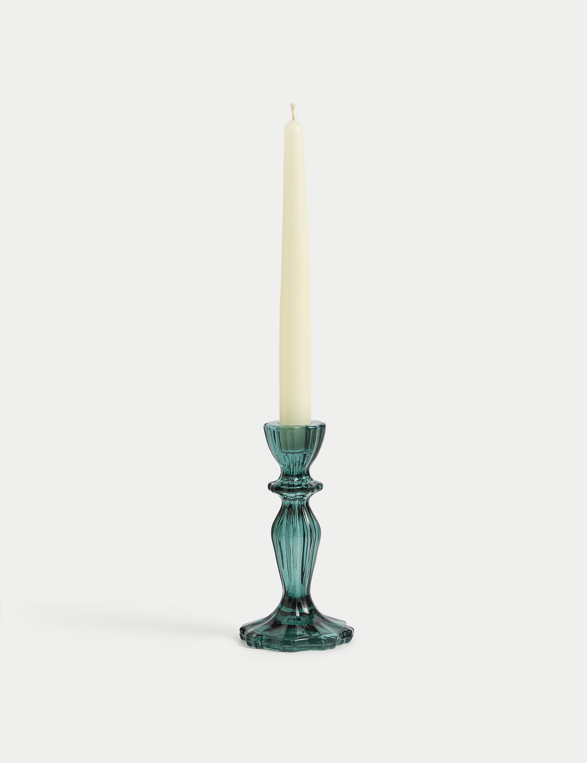 M&S Ridged Glass Medium Dinner Candle Holder - Green, Green