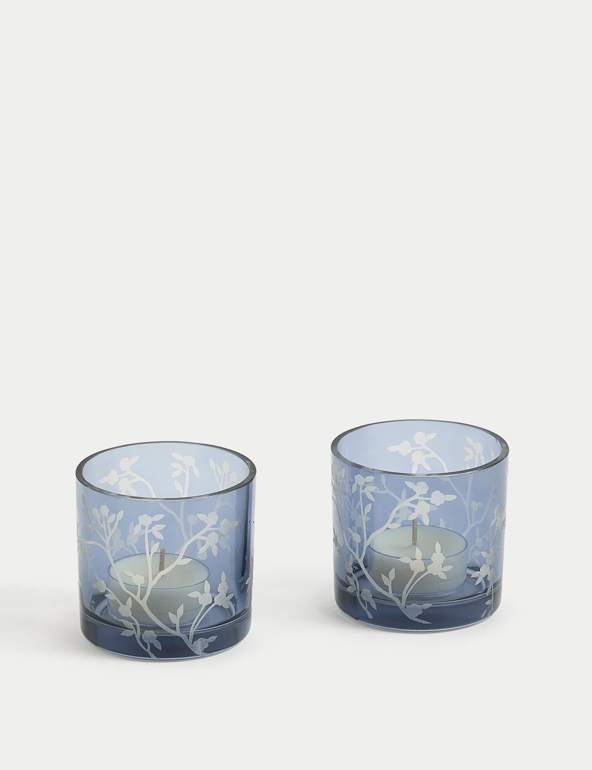 M&S 2pk Cherry Blossom Glass Tealight Holders - Blue Mix, Blue Mix