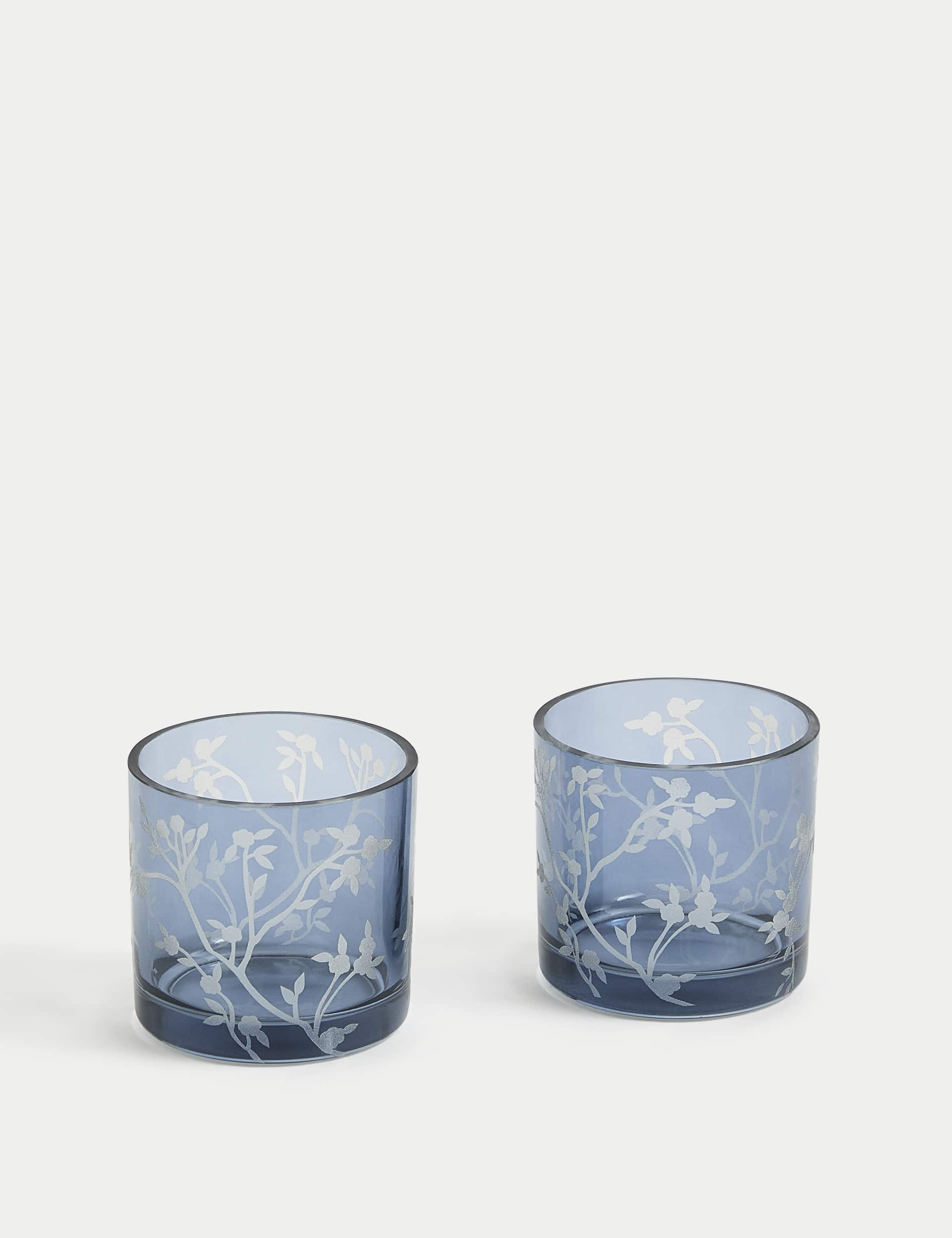 M&S Collection 2 Pack Cherry Blossom Glass Tealight Holders - Blue Mix, Blue Mix