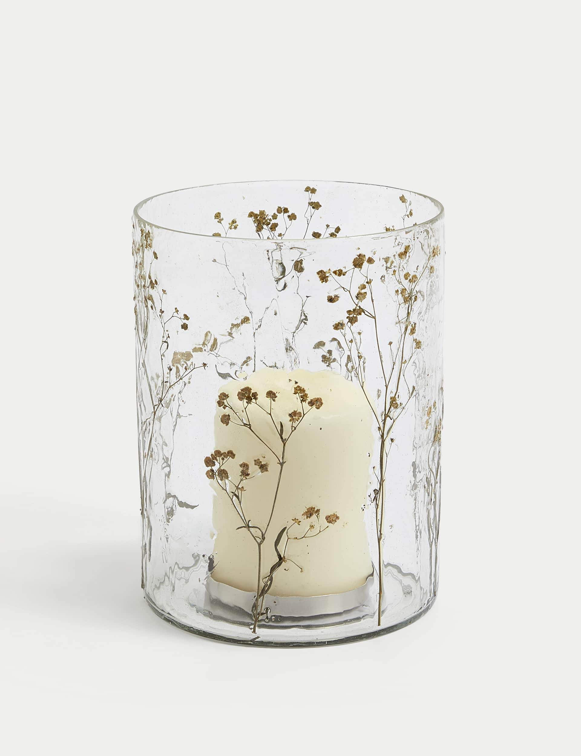 M&S Collection Pressed Flower Hurricane Candle Holder - Clear, Clear