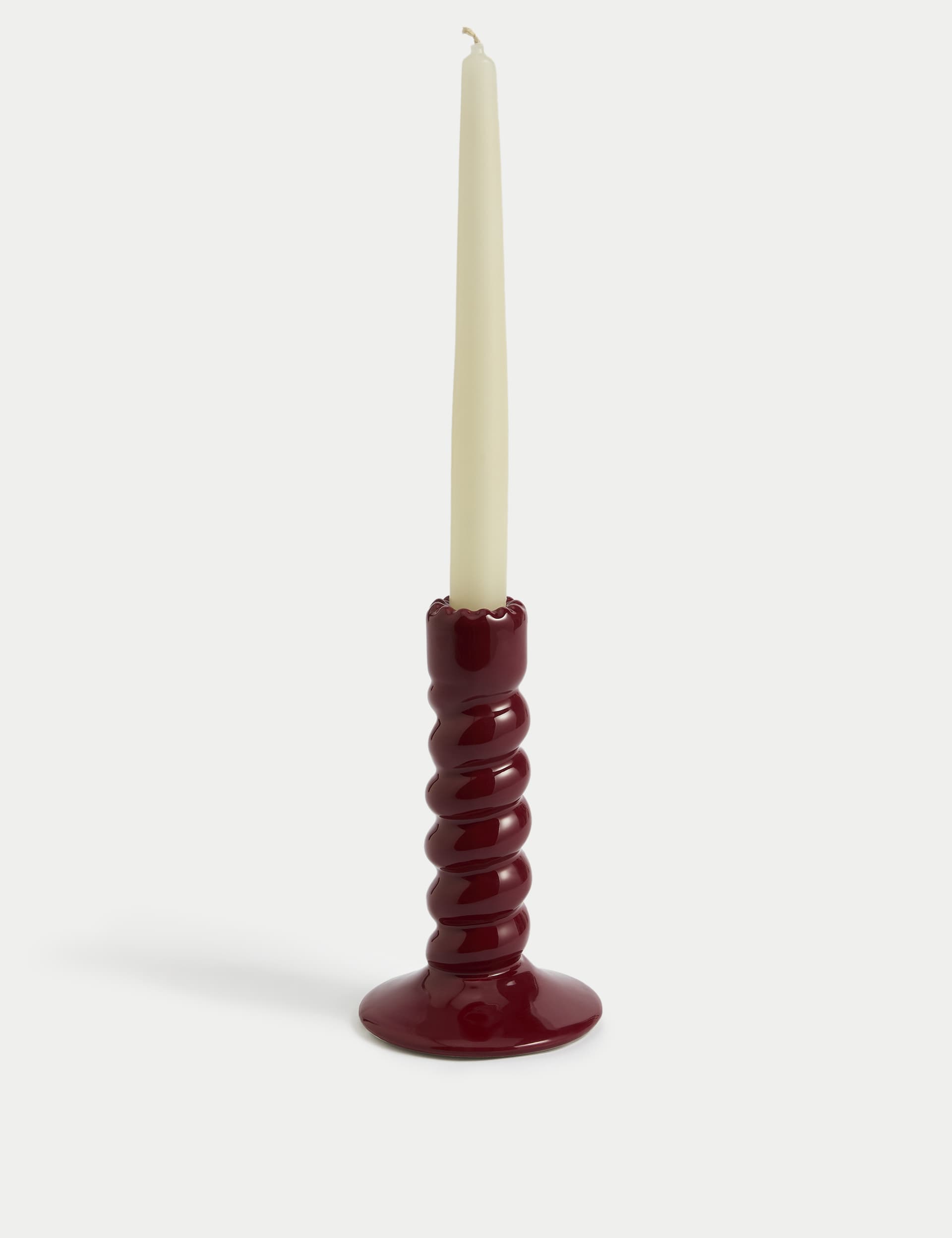 M&S Twisted Ceramic Dinner Candle Holder - Cherry Red, Cherry Red