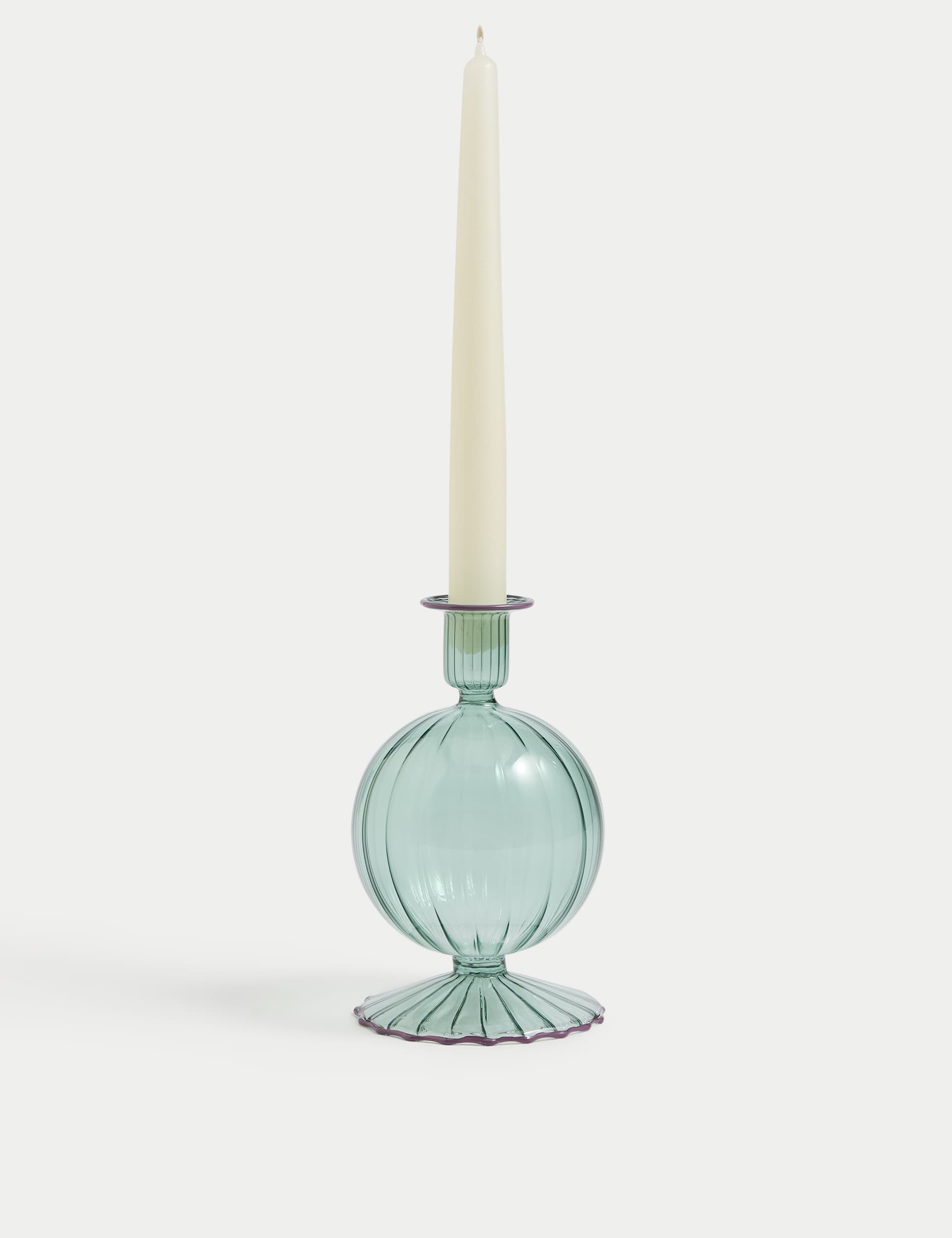 M&S Collection Ridged Glass Candle Holder - Green, Green