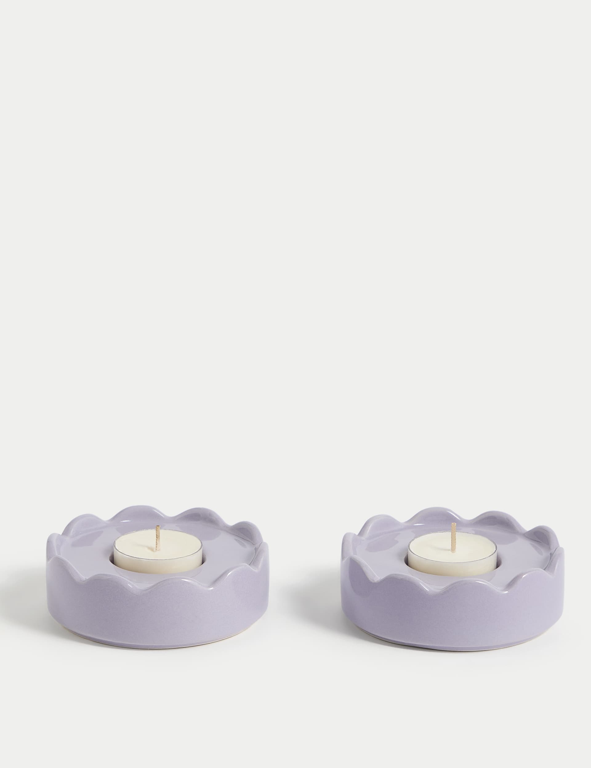 M&S Collection Set of 2 Scalloped Ceramic Tealight Holders - Lilac Shell, Lilac Shell,Blue