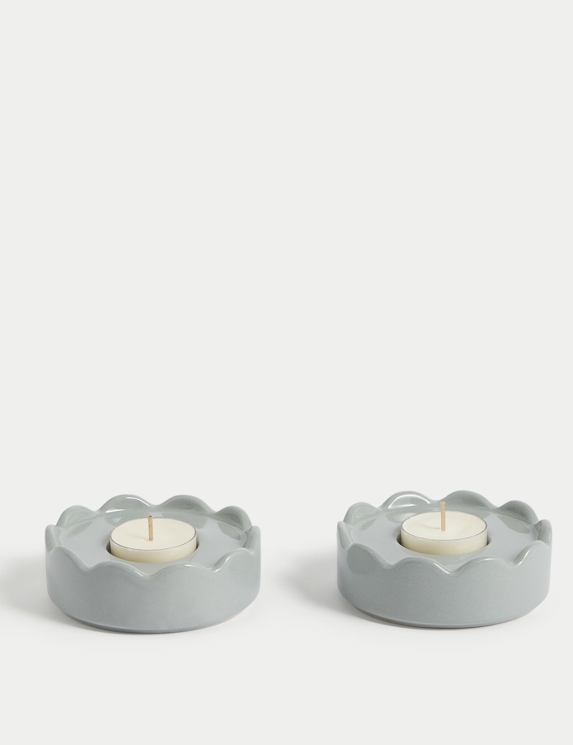 M&S Collection Set of 2 Scalloped Ceramic Tealight Holders - Blue, Lilac Shell,Blue