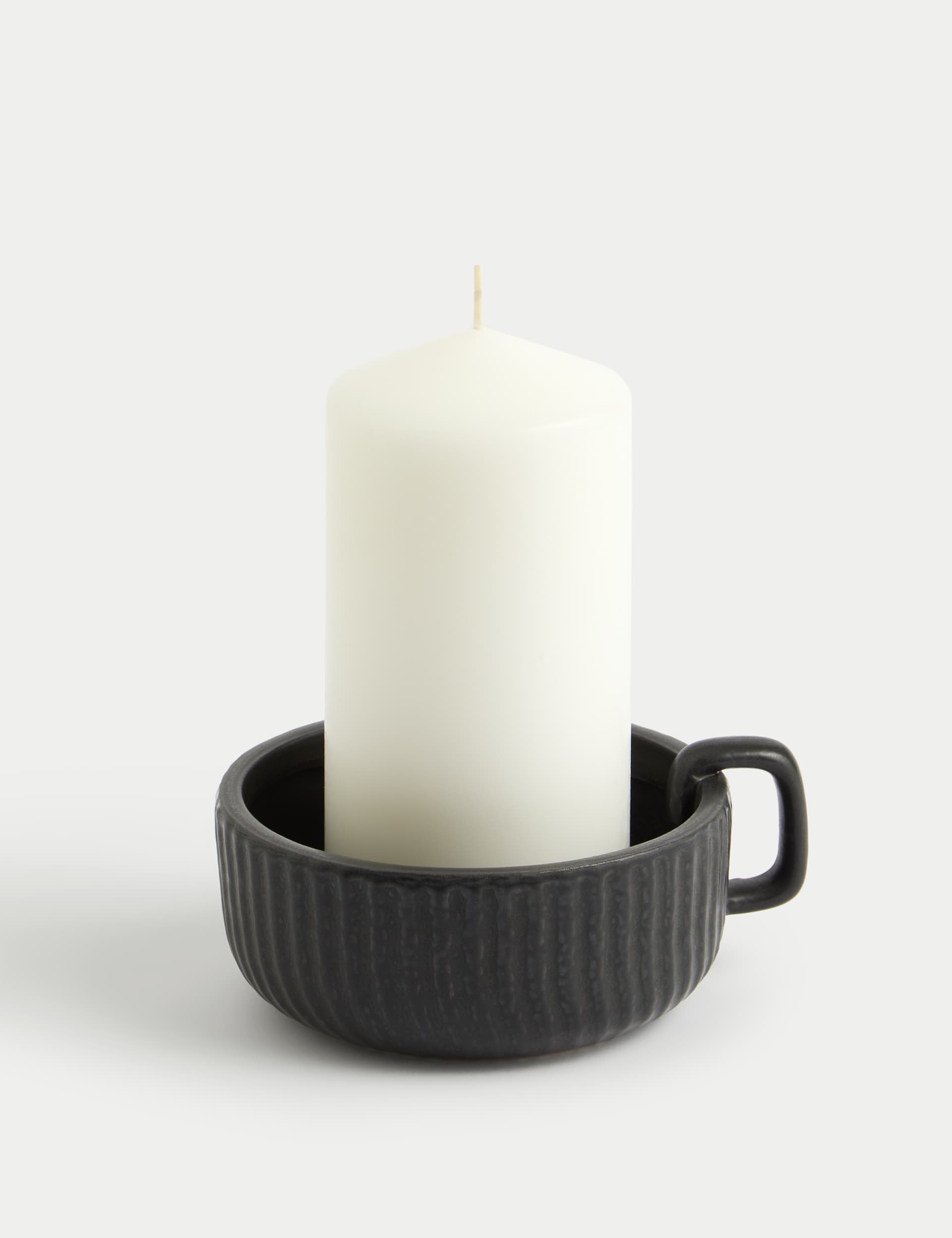 M&S Ridged Ceramic Pillar Candle Holder - Black, Black