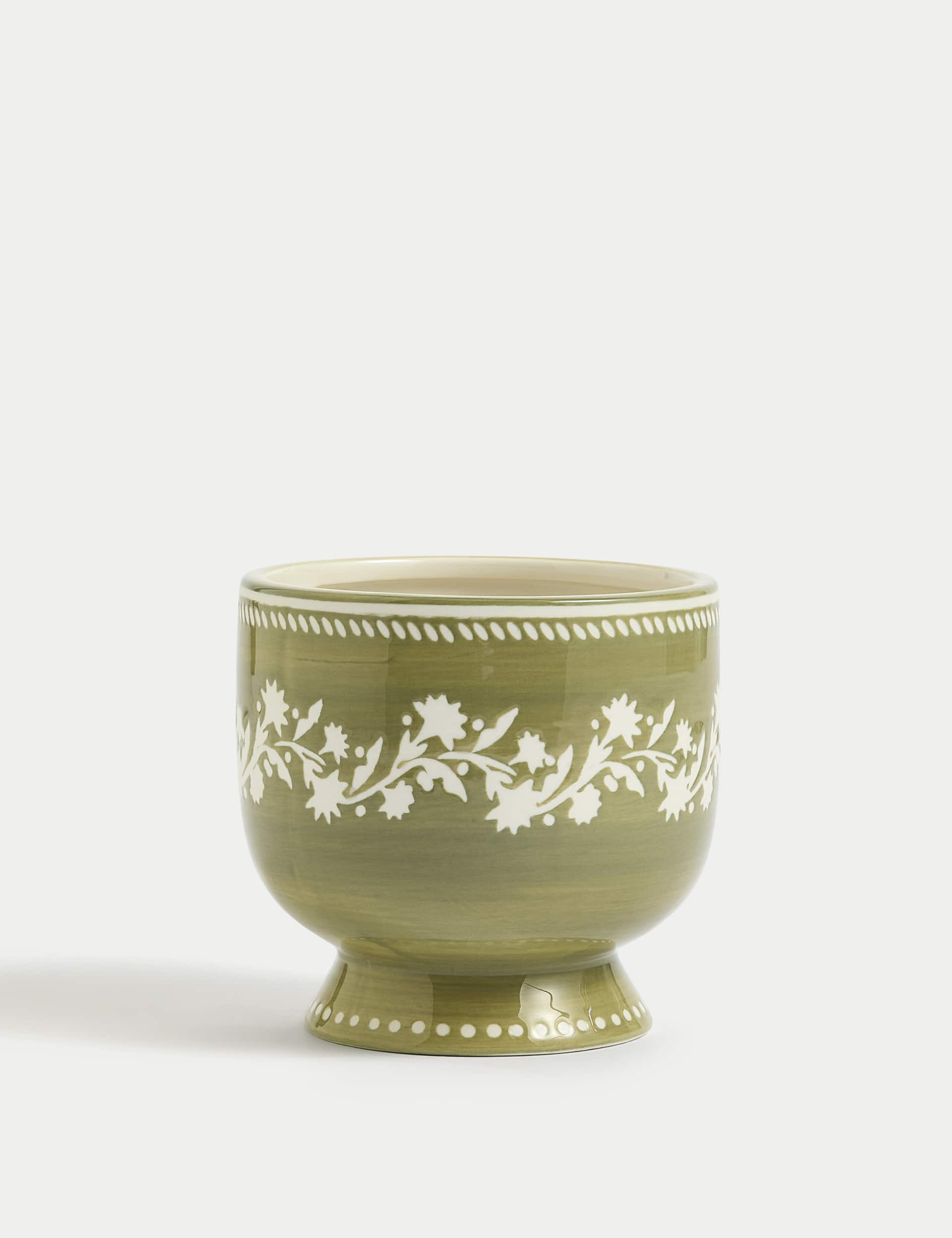 M&S Floral Ceramic Planter - Green, Green