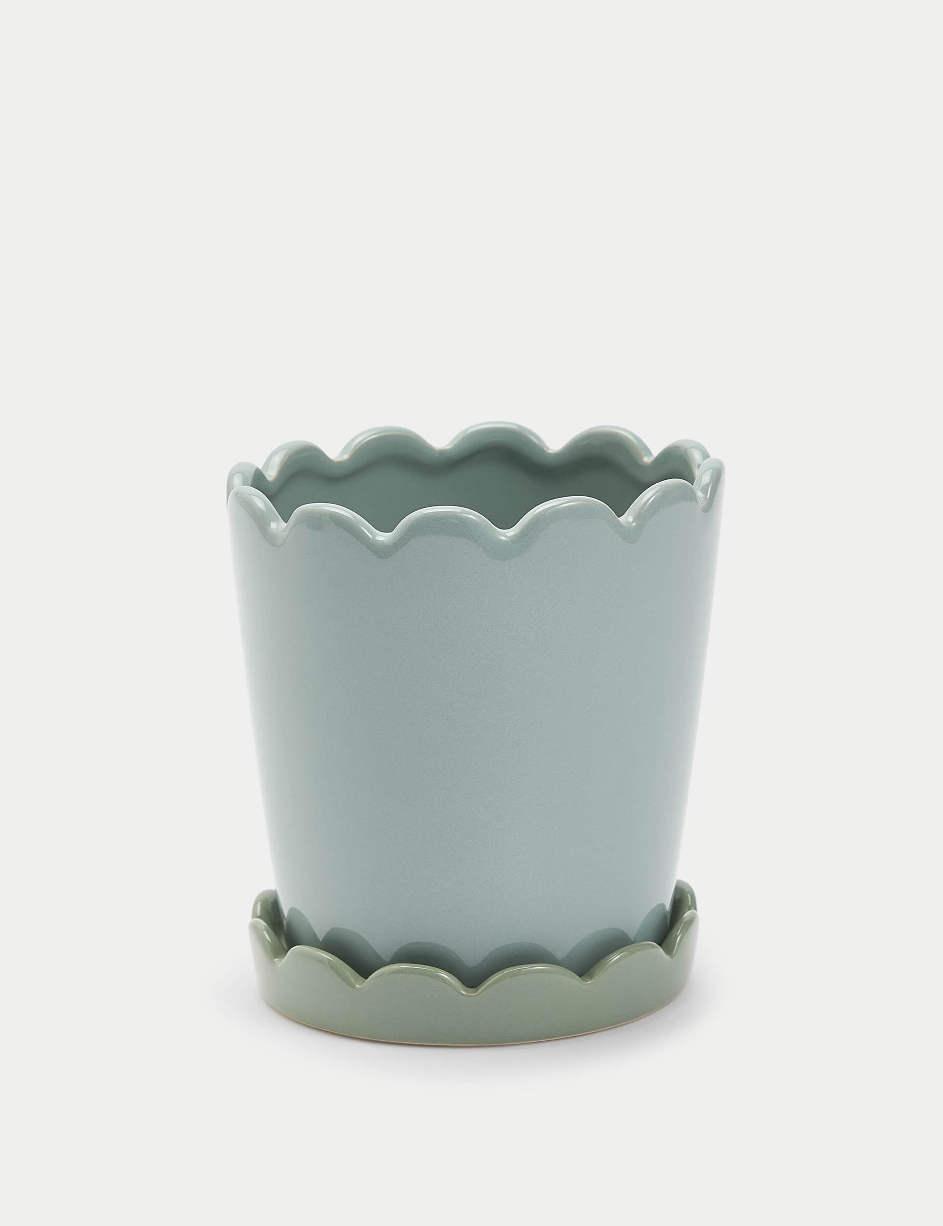 M&S Collection Scalloped Ceramic Planter with Tray - Blue, Blue